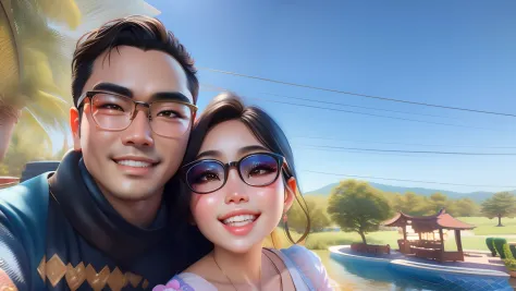 masterpiece, best quality, 3d rendering work, 3DMM style, close-up, portrait, 3D, two young Asian couple, beautiful skin, brown ...