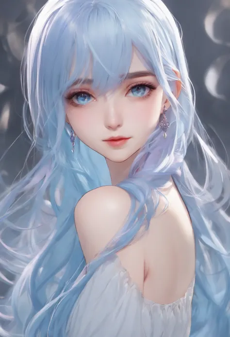 HD animation、Light blue hair、The length of hair above the shoulders、The eyebrows are slightly lower than the bangs、The color of the eyes is purple，Expose 。