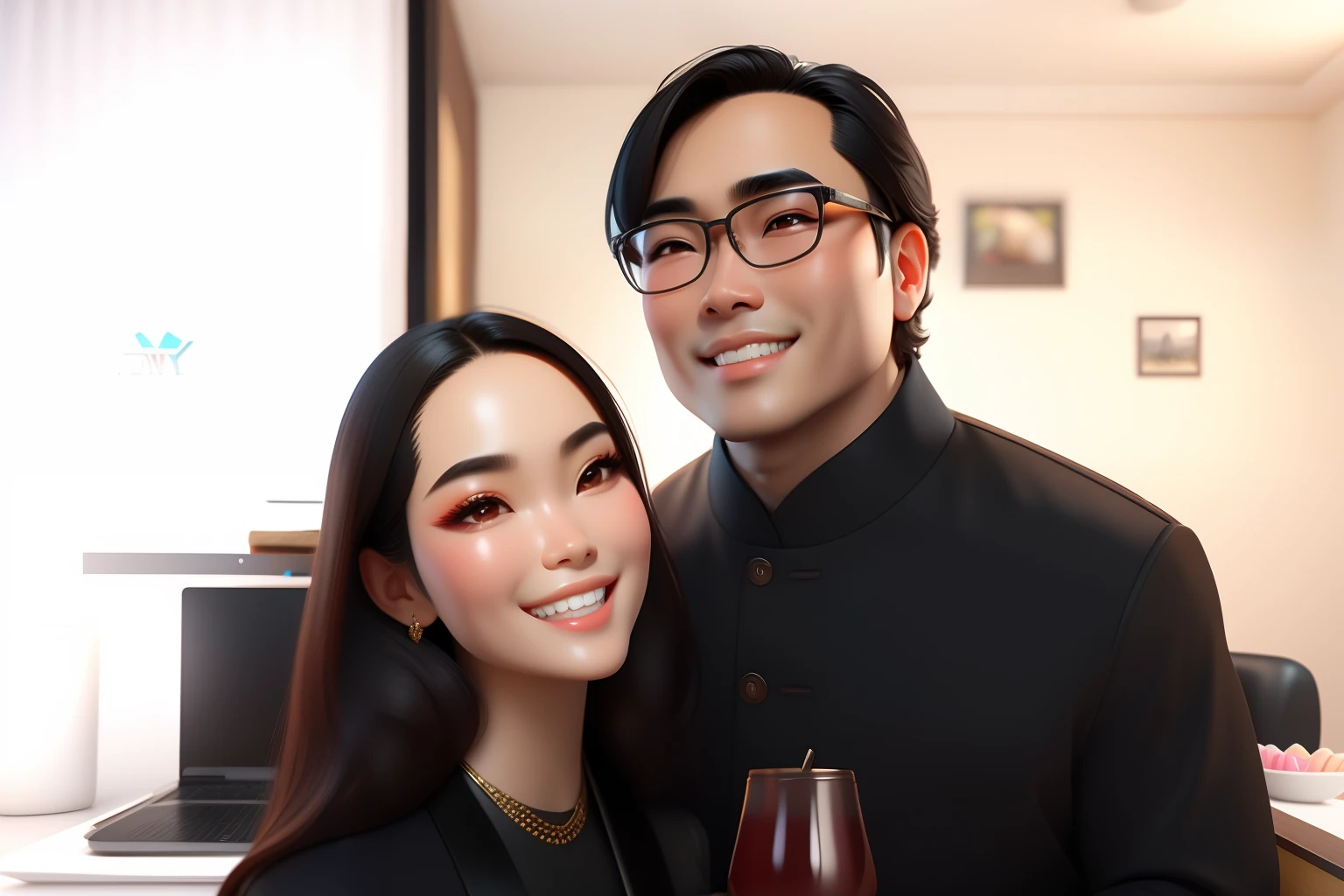 masterpiece, best quality, 3d rendering work, 3DMM style, close-up, portrait, 3D, two young Asian couple, beautiful skin, brown eyes, black hair, sunglasses, sweet smile, 80 kg overweight, gradient background. Colors Candy color, cute