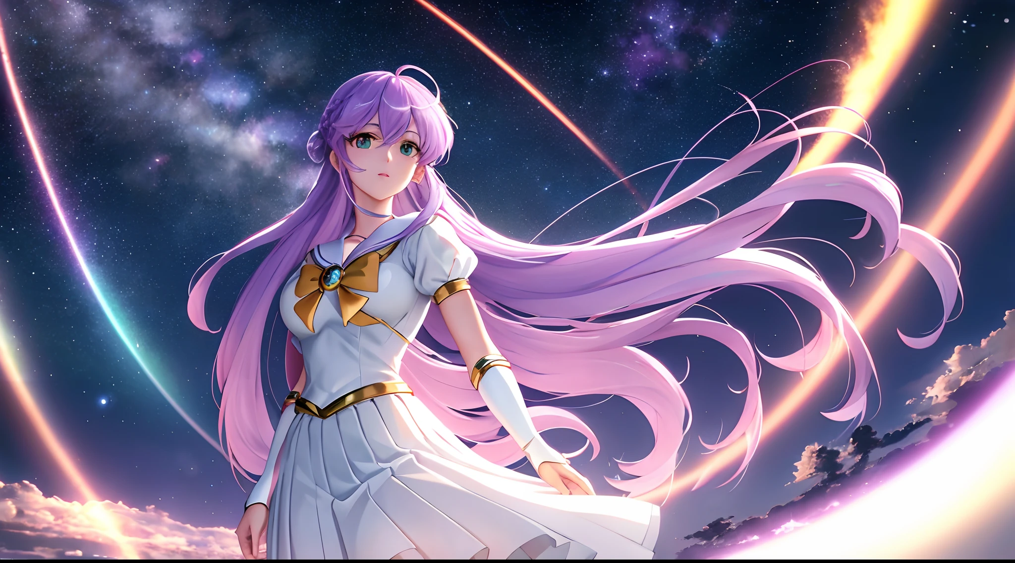 Athena with plain long light purple hair,hair between eyes,green eyes,rosy cheeks,full lips,thin eyebrows,slender body,wearing sailor moon uniform and full long skirt,cute anime girl,full body,night sky nebulae in background,anime style,extremely deep depth of field,Lumen Reflections,Screen Space Reflections,Diffraction Grading,Chromatic Aberration,GB Displacement,Scan Lines,Ray Traced,Anti-Aliasing,FXAA,TXAA,RTX,SSAO,Shaders,OpenGL-Shaders, GLSL-Shaders,Post Processing,Post-Production,cell Shading,Tone Mapping,CGI,VFX,SFX,insanely detailed and intricate, 4K,standing, solo, masterpiece, best quality, detailed face, detailed eyes, highres, standing, solo,masterpiece, best quality