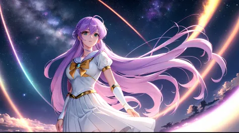 Athena with plain long light purple hair,hair between eyes,green eyes,rosy cheeks,full lips,thin eyebrows,slender body,wearing s...