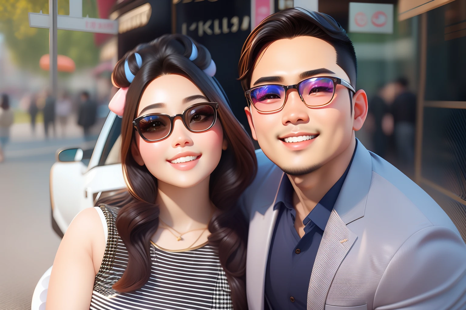 chef-d&#39;œuvre, Meilleure qualité, Travail de rendu 3D, Style 3DMM, Fermer, portrait, 3D, deux jeunes couples asiatiques, belle peau, yeux marrons, cheveux noirs, des lunettes de soleil, doux sourire, 80 kg en surpoids, Fond dégradé. Couleurs Couleur bonbon, Mignon