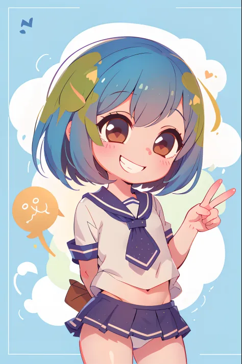 (masterpiece, best quality:1.2), solo, 1girl, earth-chan, smile, looking at viewer, arms behind back,serafuku,flat chest,loli,lolicon,child,chibi,grin,smile, peace, face focus,smug,school uniform
