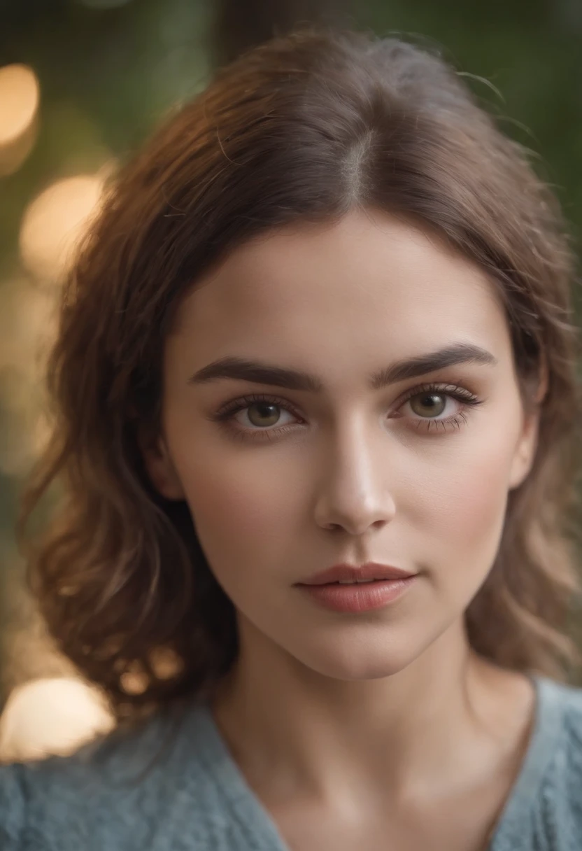 A close up of a woman with a blue sweater and a necklace - SeaArt AI