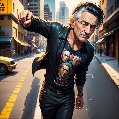 A painting of a man Robert De Niro ( with black hair), gangster pose and look, Miami City background, street, taxi cab, perfect ...