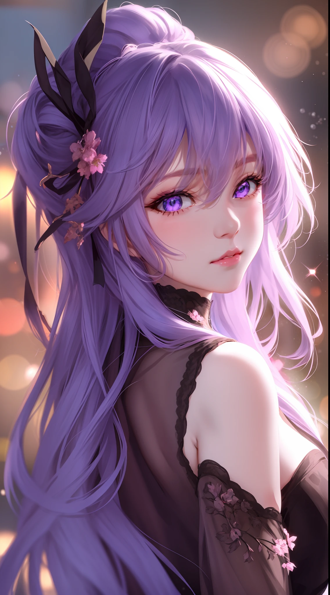 Une fille d'anime aux cheveux violets et un haut noir avec des fleurs dans les cheveux, style animé 4k, beau portrait animé, oeuvre d&#39;art dans le style de guweiz, guweiz, Style animé. 8k, belle fille animée, portrait, anime, fille, superbe portrait de visage d&#39;anime, Bokeh allemand d&#39;art 8K, Art détaillé 8k de haute qualité