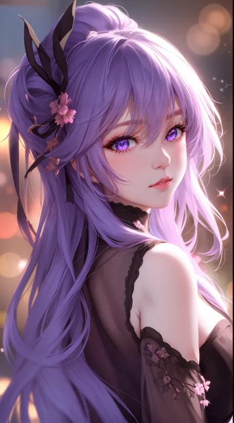 Anime girl with purple hair and black top with flowers in her hair, anime style 4 k, Beautiful Anime Portrait, artwork in the st...