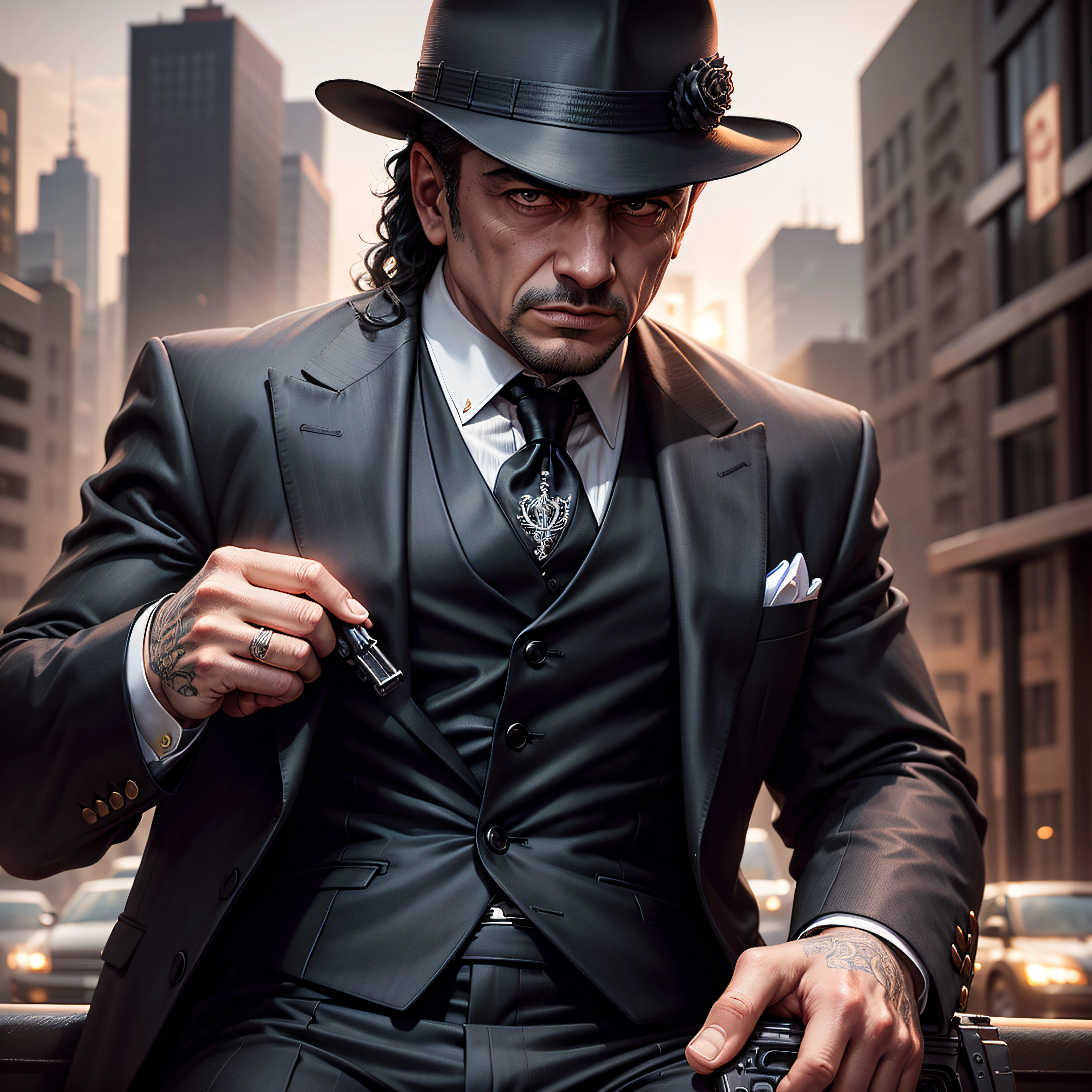 mobster gangster with black three-piece suit and uzi, gangster, mafia, city backdrop, realistic, stylish, intricate details, hyperdetailed, cinematic, rim light,