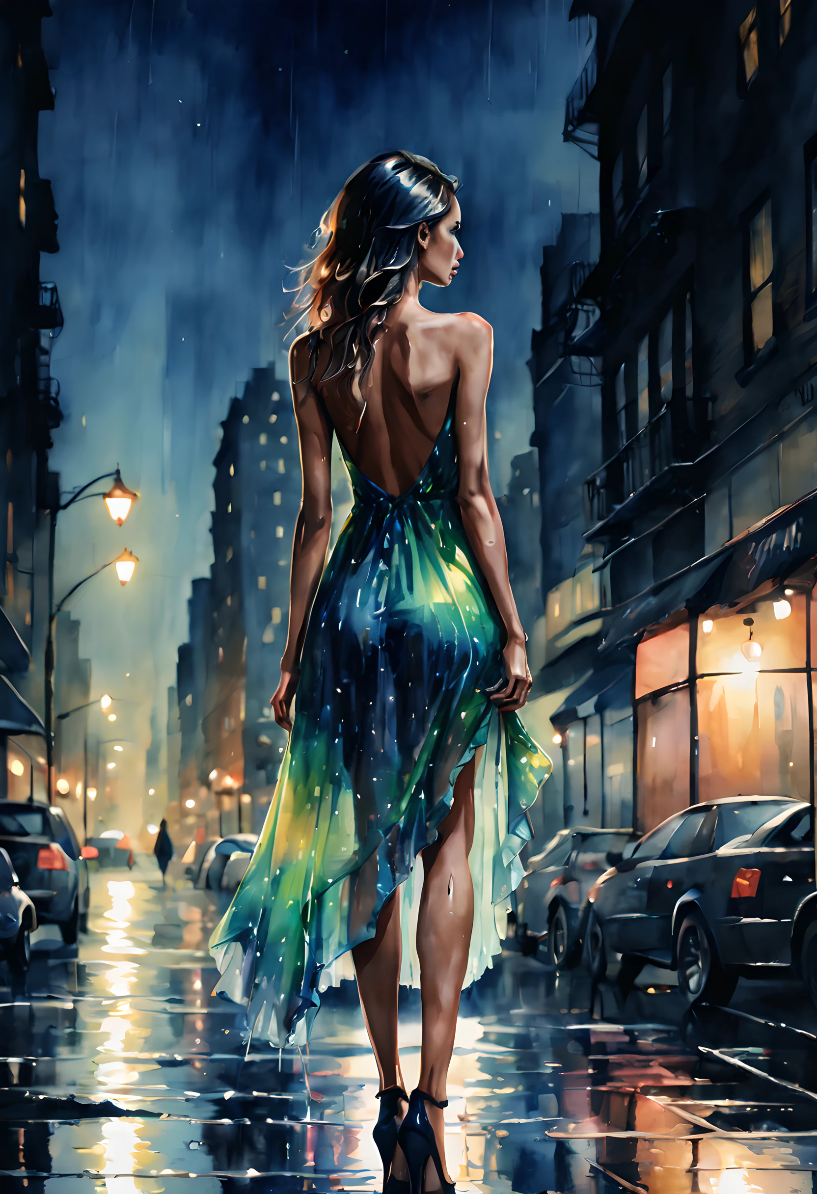 (rainy night:1.5), (ink and watercolor painting:1.5), (Tasteful:1.5), (ink and watercolor painting:1.5), (full color:1.5), 8k, 4k, (magic:1.5), (dripping paint;1.5), (night NY street:1.5), (1girl:1.3), solo, (wearing a dress:1.5), (slender:1.5), (model), (brazilian super model:1.5), (back shot:1.5), (full body:1.5), (beautiful city lighting:1.5), (light reflection:1.3),