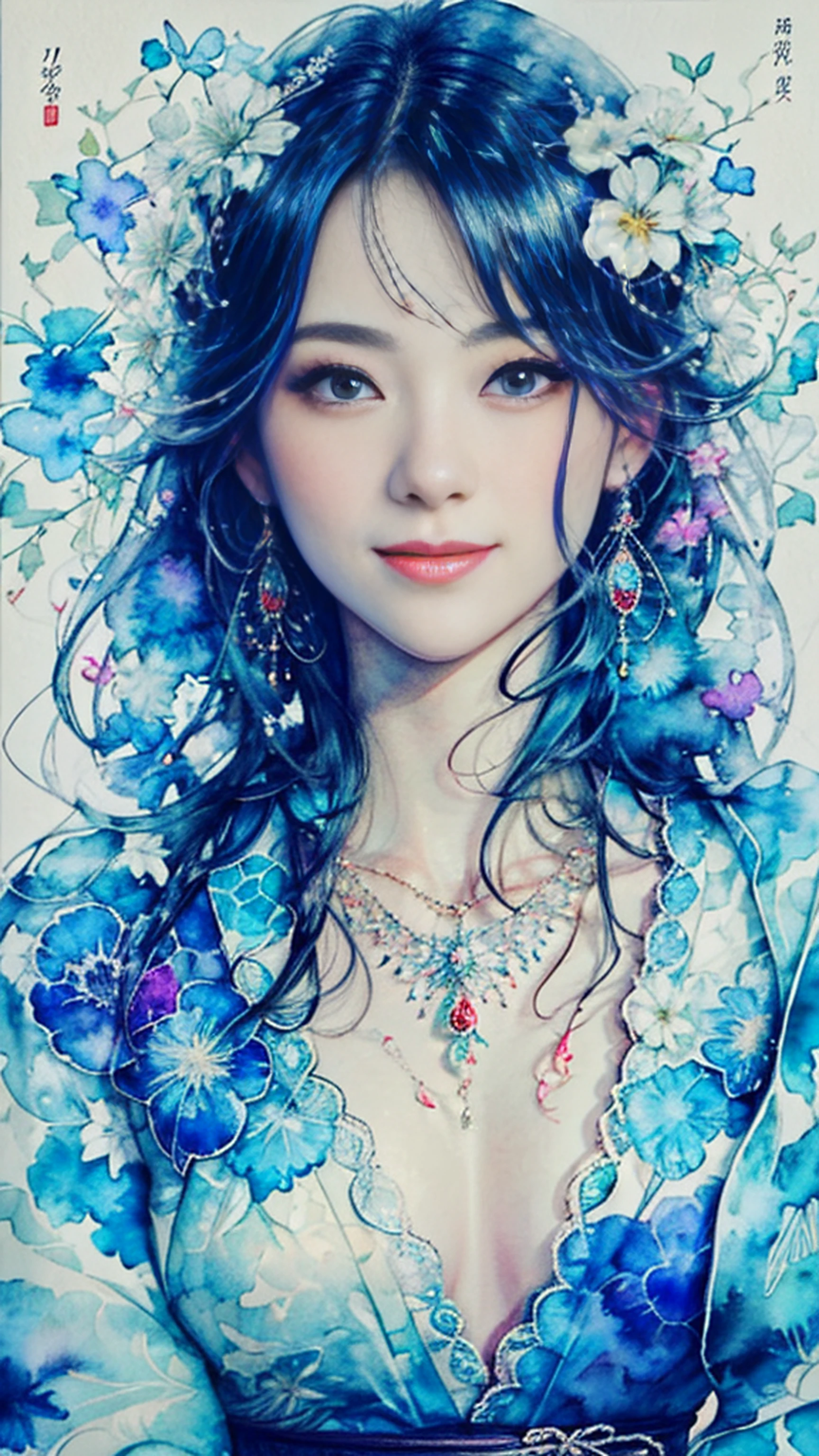 Photorealistic, High resolution, 1womanl, Solo, hips up high, look at viewr, A slight smil,(Detailed face),Japan Kimono, jewely、Gorgeous 20 year old girl、Pedras preciosas、watercolor