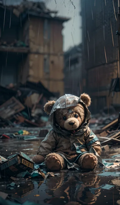 masterpiece, concept art, photography, medium shot, child, sitting, tattered clothes, teddy bear doll beside her, focus shot, cinematic, crying, under (heavy rain:1.4), (night:1.2), rubble building in the background, sad, melancholy, (epic composition, epi...