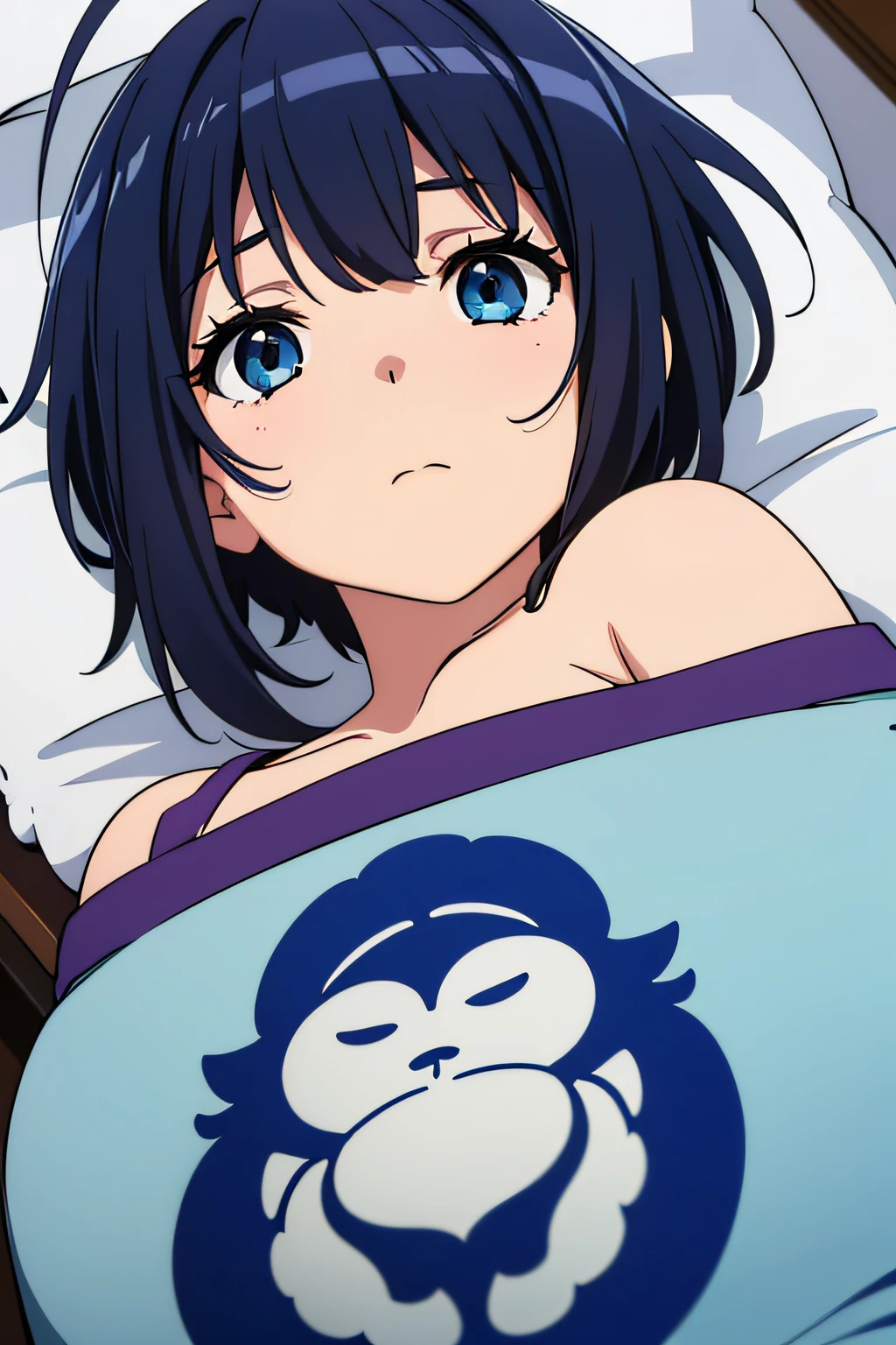 Chica anime acostada en la cama con un mono en la almohada. - SeaArt AI