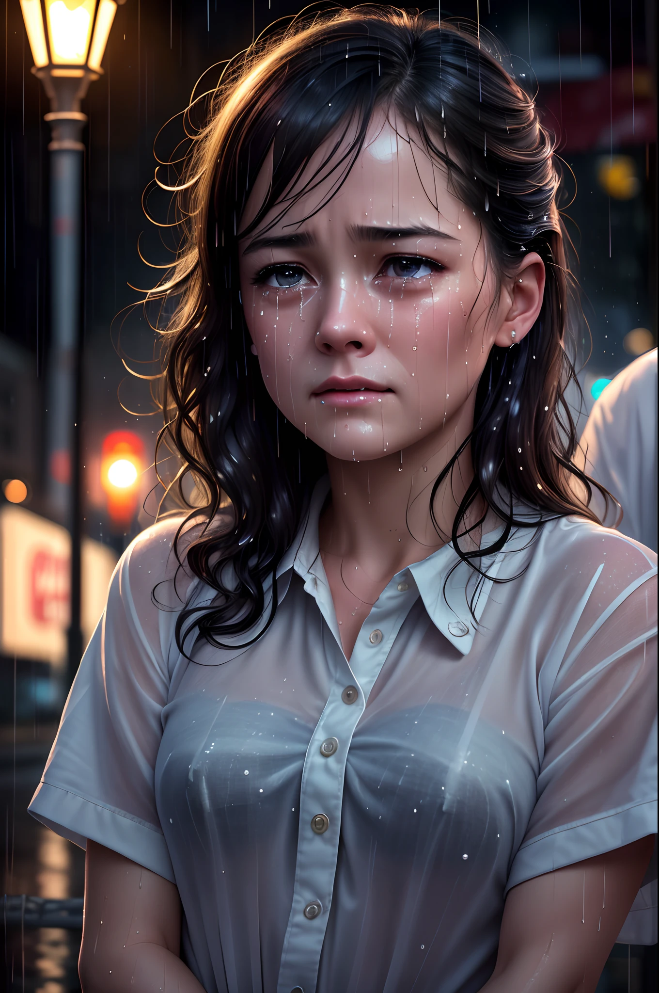 Photorealistic, highest quality, highest resolution, super detailed, 16k, movie lighting, rainy night, crying girl, big tears, wet in the rain, wet hair, street lamp light, detailed eyes, Expressions of sadness, tears rolling down cheeks, angles of view that look like classic movies, works by famous directors,