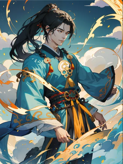 of a guy，(absurderes, A high resolution, ultra - detailed), 1 man, With a high ponytail，ancient Chinese style mythology， mature,...