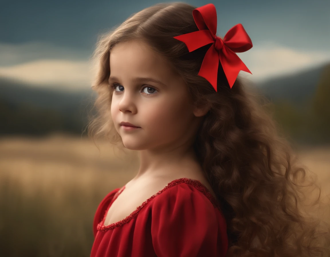 10 years of life, brown hair, fair skin, realistic, with long hair stuck in a red bow, light brown eyes, red dress, 8k image, realistic human skin, real child image,