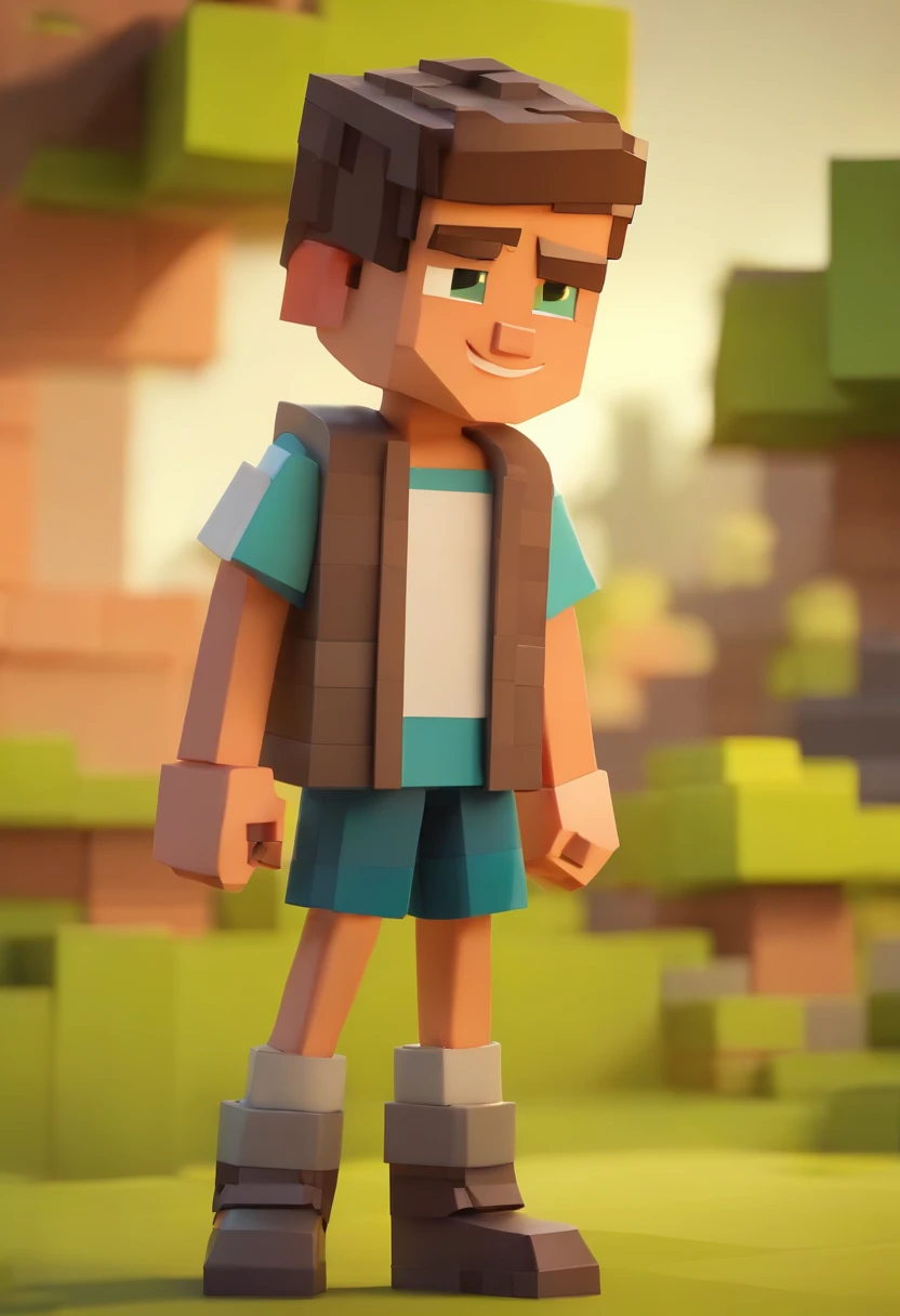 A cartoon boy in a blue shirt and shorts stands in a field - SeaArt AI