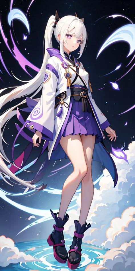 1girll, Japanese clothes, pony tails ,White hair, Purple eyes, Magical Circle, bluefire, Blue Flame, the wallpaper, landscape, Blood, Genshin Impact, Tall human，Tall creatures，in a cloud, Open jacket, Skirt, upper legs, Cloud
