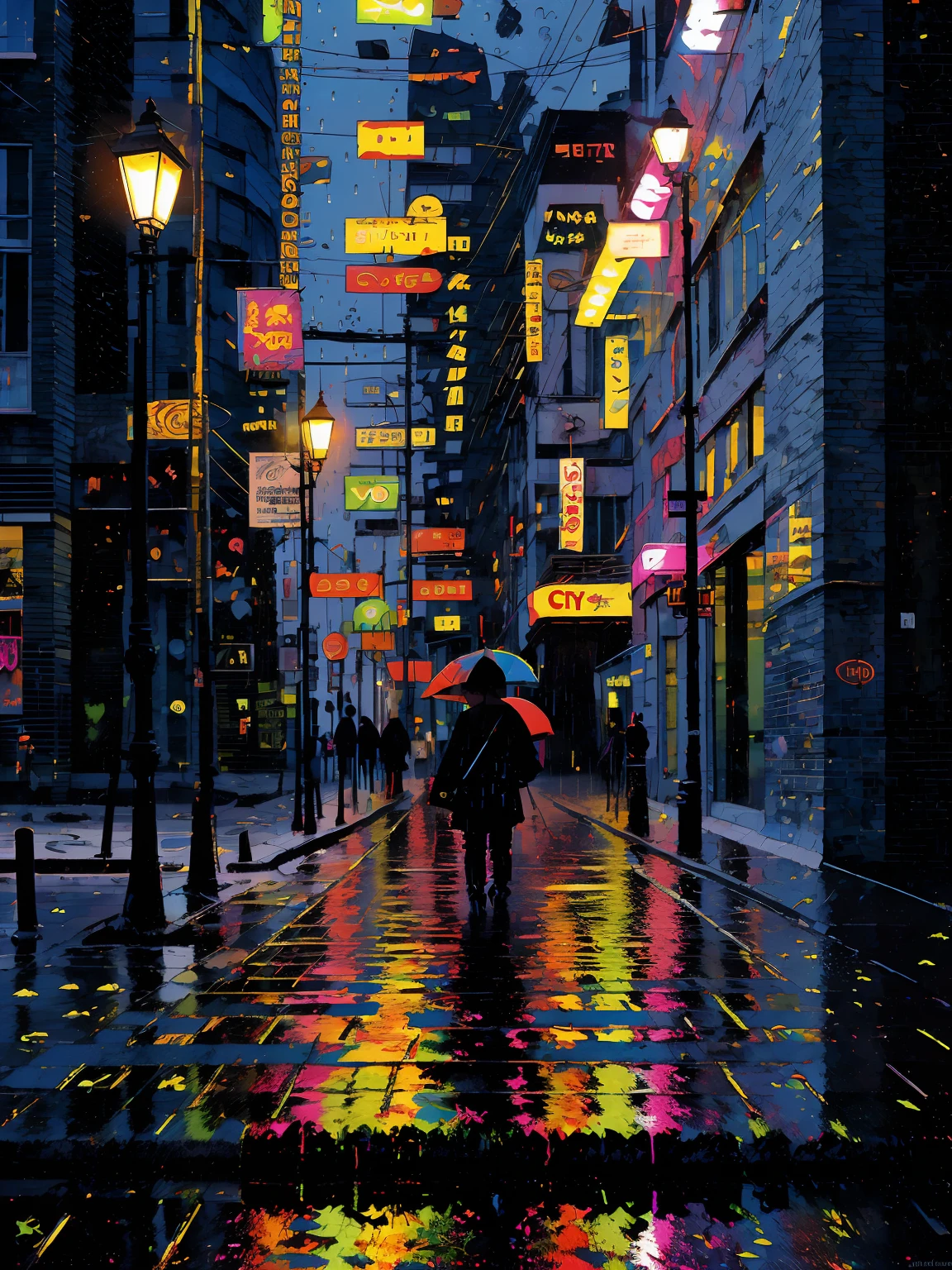 regenerativo hiperdetalhado [falha] arte, (koan), fosco, Discreto, (meditativo: 1.2), (harmônico) impressionism, cerebral, (interligados), labirinto, (introspectivo), psique, equilibrado e recíproco, (noite chuvosa) conceito: 
("o espelho de uma calçada molhada reflete as luzes da rua da cidade pinta desenhos brilhantes retratados em noites úmidas enquanto as gotas de chuva caem ")