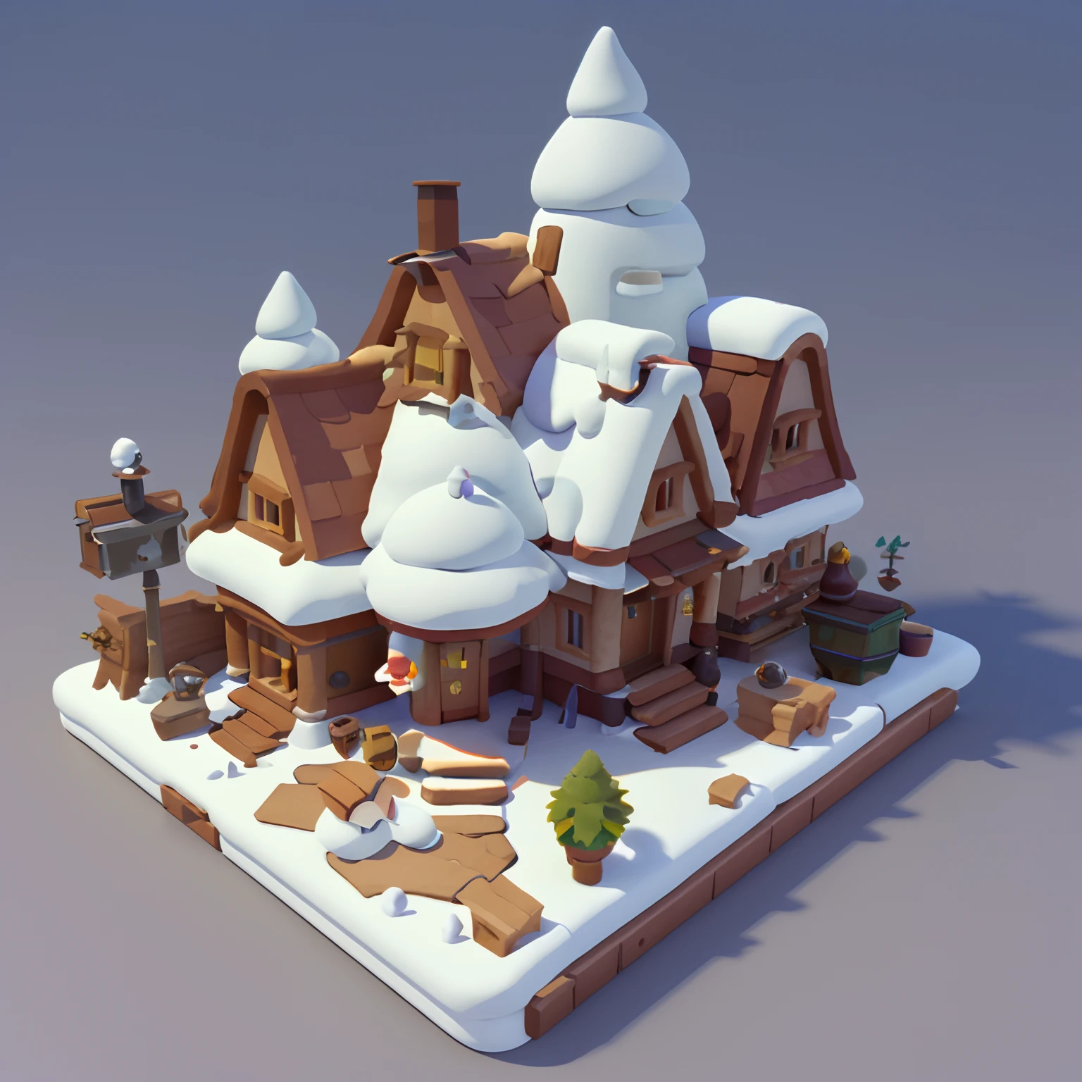 Game architectural design, Cartoony,Adventure Lodge，Winter adventure lodge，tilt shift lens，Plants match the building，Yuki，at winter season，casual game style, Botanical architecture,Cartoon 3D, blender，Three shades and two understated，closeup cleavage，tmasterpiece，super detailing，best qualtiy