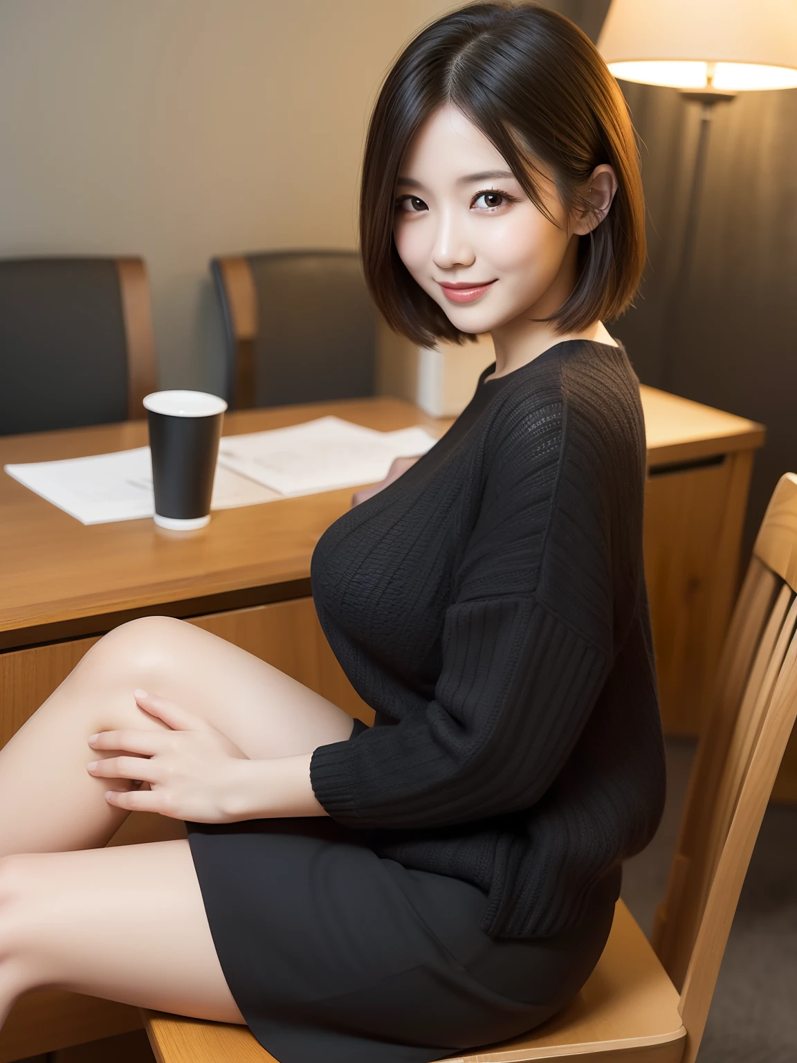 ((​masterpiece))、((top-quality))、a picture、Realisticity、high-level image quality、ultra-detailliert、married woman、age 30s、Delicate facial features、short-hair、Realistic backgrounds and accessories、large full breasts、Sexy smile、s Office、meeting room、wide Shots、Loose black open sweater、tight skirts、Sit on a desk and cross your legs、