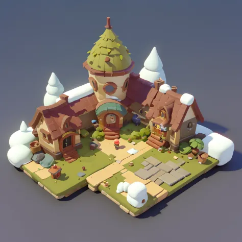 Game architectural design, Cartoony,Adventure Lodge，Winter adventure lodge，tilt shift lens，Plants match the building，at winter season，casual game style, Botanical architecture,Cartoon 3D, blender，Three shades and two understated，closeup cleavage，tmasterpie...