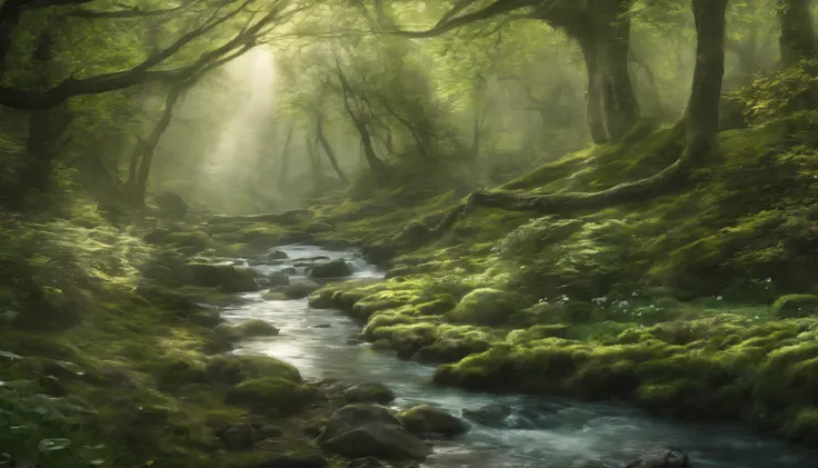 An ethereal forest in spring, soft light, green tinged lighting ...