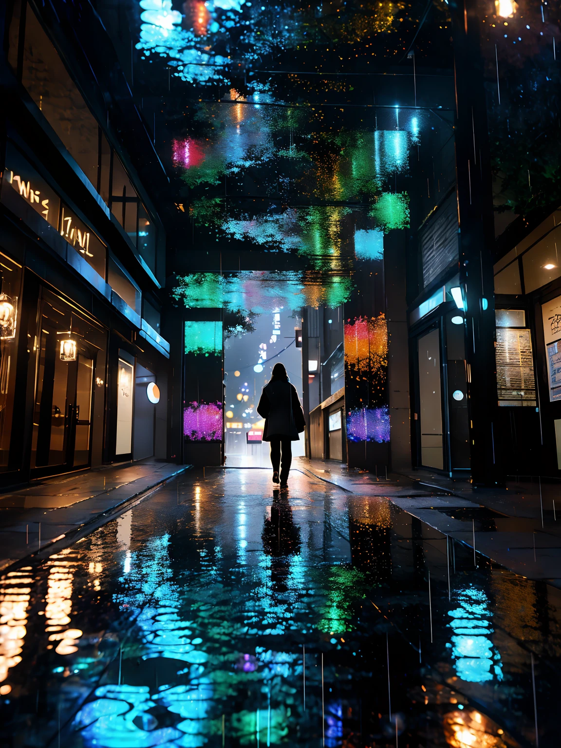 超詳細な再生 [グリッチ] 美術, (公案), マット, 控えめな, (瞑想的な: 1.2), (調和のとれた) 印象派, 脳の, (相互接続された), ラビリンス, (内省的な), 精神, バランスが取れていて相互的, (雨の夜), レインスタイル, コンセプト: ("濡れた歩道の鏡が街の街灯を映す 雨粒が降る限り湿った夜に描かれたきらめくデザイン ")
