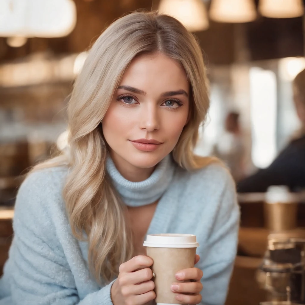 Ash blonde hair color, In a coffee shop, wearing a soft white turtle neck long sleeve with a light tan trend coat and baggy light blue jeans with no holes in them, tanned Skin, Golden brown eyes, tall, holding a coffee cup, hair is down and wavy,