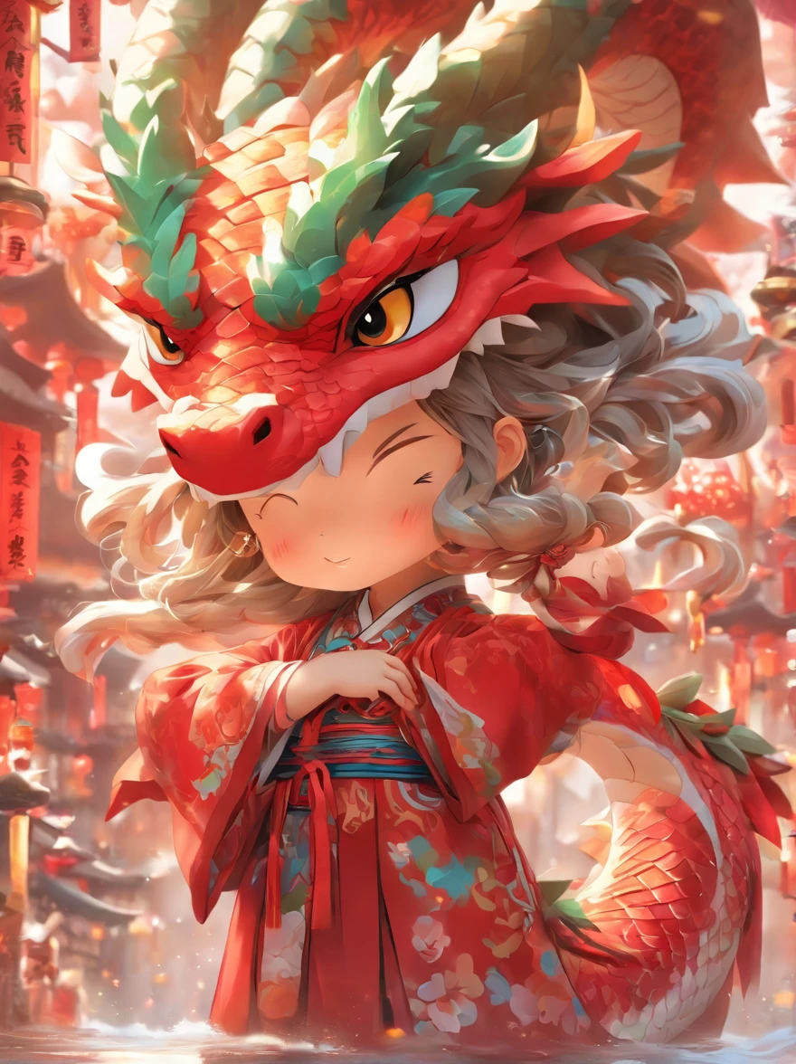 highly details, hyper-detailing,8k， Ultra-high resolution ，KIDS ILLUSTRATION，Chubby dragon girl，Colorful cartoon characters，Cute dragons，white backgrounid，Colorful cartoon characters，Chinese red costume，Light，Red vibe，a sticker，