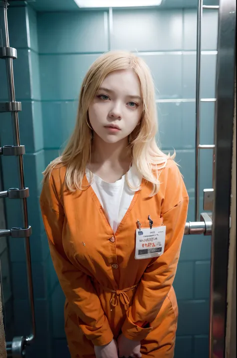 Araphedo woman in orange prison jumpsuit standing in solitary confinement, Dressed in an orange prisoner jumpsuit, Wearing an or...