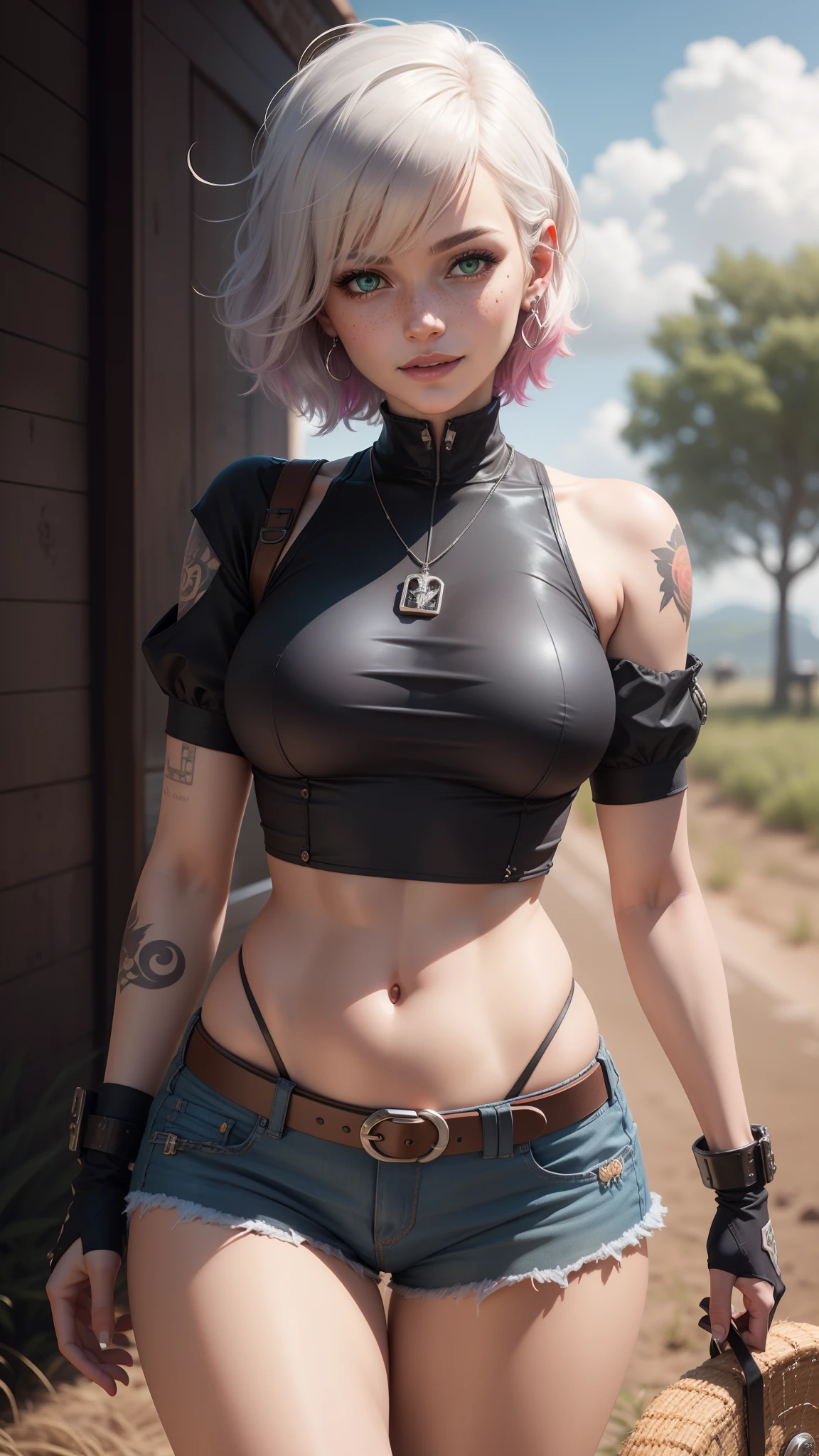 gwen tennyson,tracer,y'shtola rhul,yorha 2b,overwatch,nier automata,mecha pilot,ranch,tattoos,orange and pink plugsuit,white short sleeve plaid top,denim micro shorts,uncovered belly,short hair,punk makeup,green eyes,multicolored silver hair,sexy smile,freckles,beautiful girl,large breasts,8k,ultra detailed,realistic,fantasy art,ear piercings,rancher uniform,saiyan girl,small cowboy vest,cowboy belt,hay field,walking,chain necklace,straw hat,