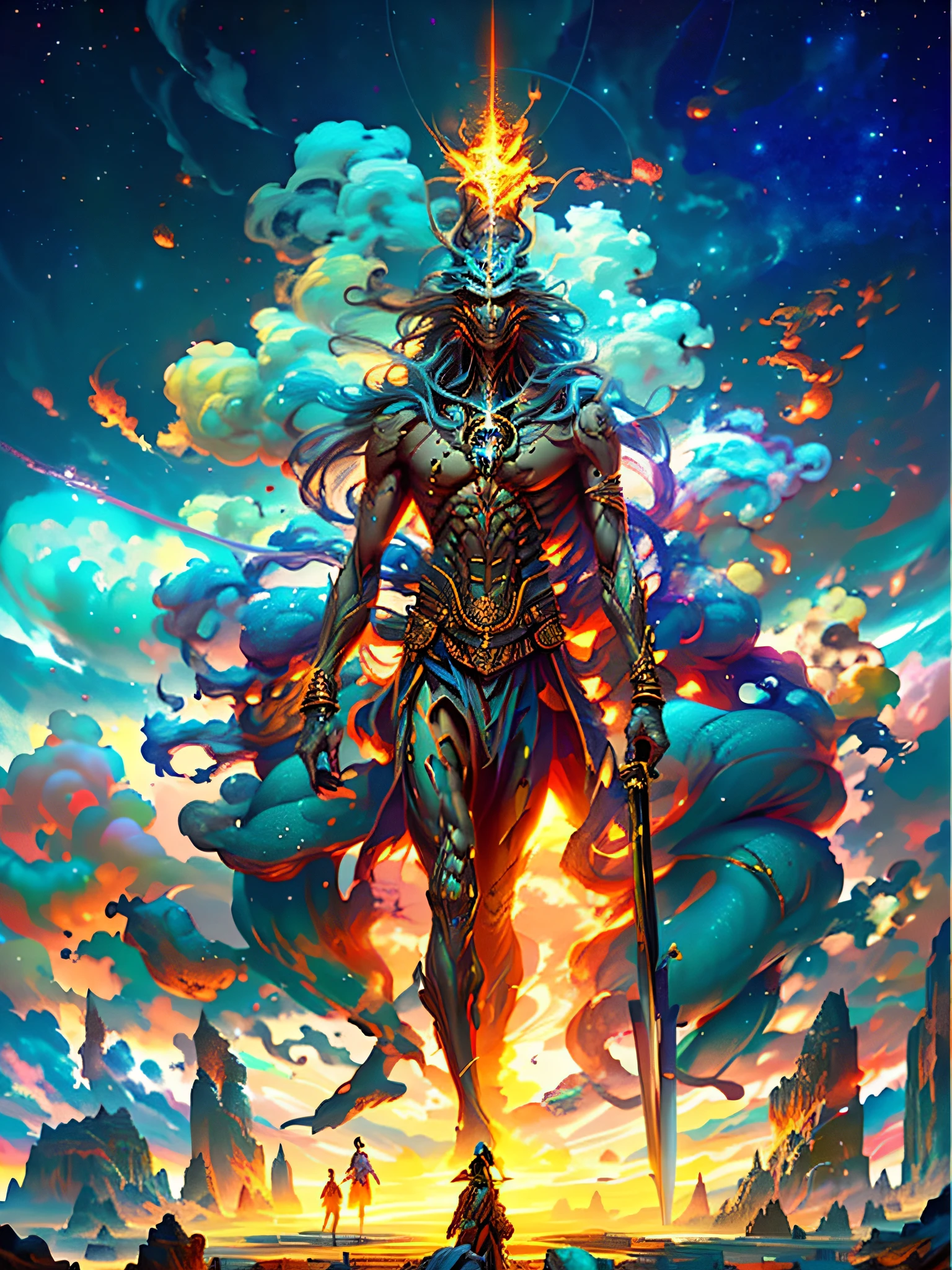 Ein Riese mit einem Schwert steht vor dem Himmel, Gott Shiva der Zerstörer, Lord Shiva, Cyborg Hindu Gottkörper, inspiriert von Kailash Chandra Meher, Konzeptkunst von Gott, Shiva, schöner männlicher Todesgott, ein gewaltiger himmlischer Riesengott, style of peter mohrbacher, style of peter mohrbacher, Peter Mohrbacher sehr detailliert，（（（k hd））），Filmische Textur，