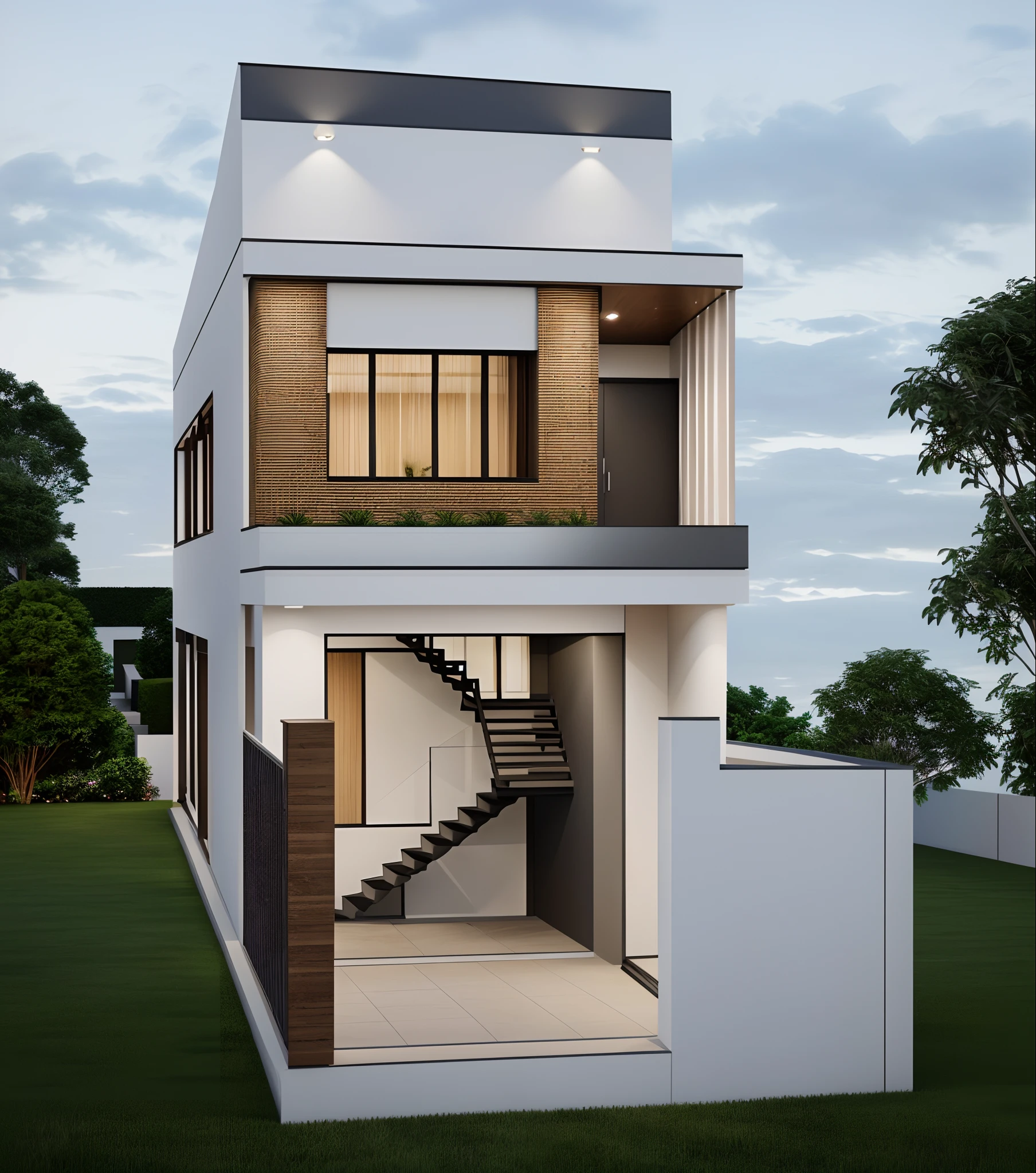 A rendering of a modern house with a staircase leading to the second ...