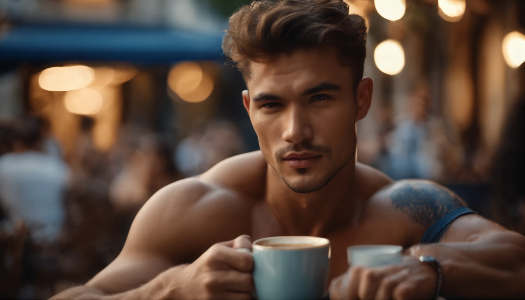 Arafed man sitting at a table with a cup of coffee - SeaArt AI