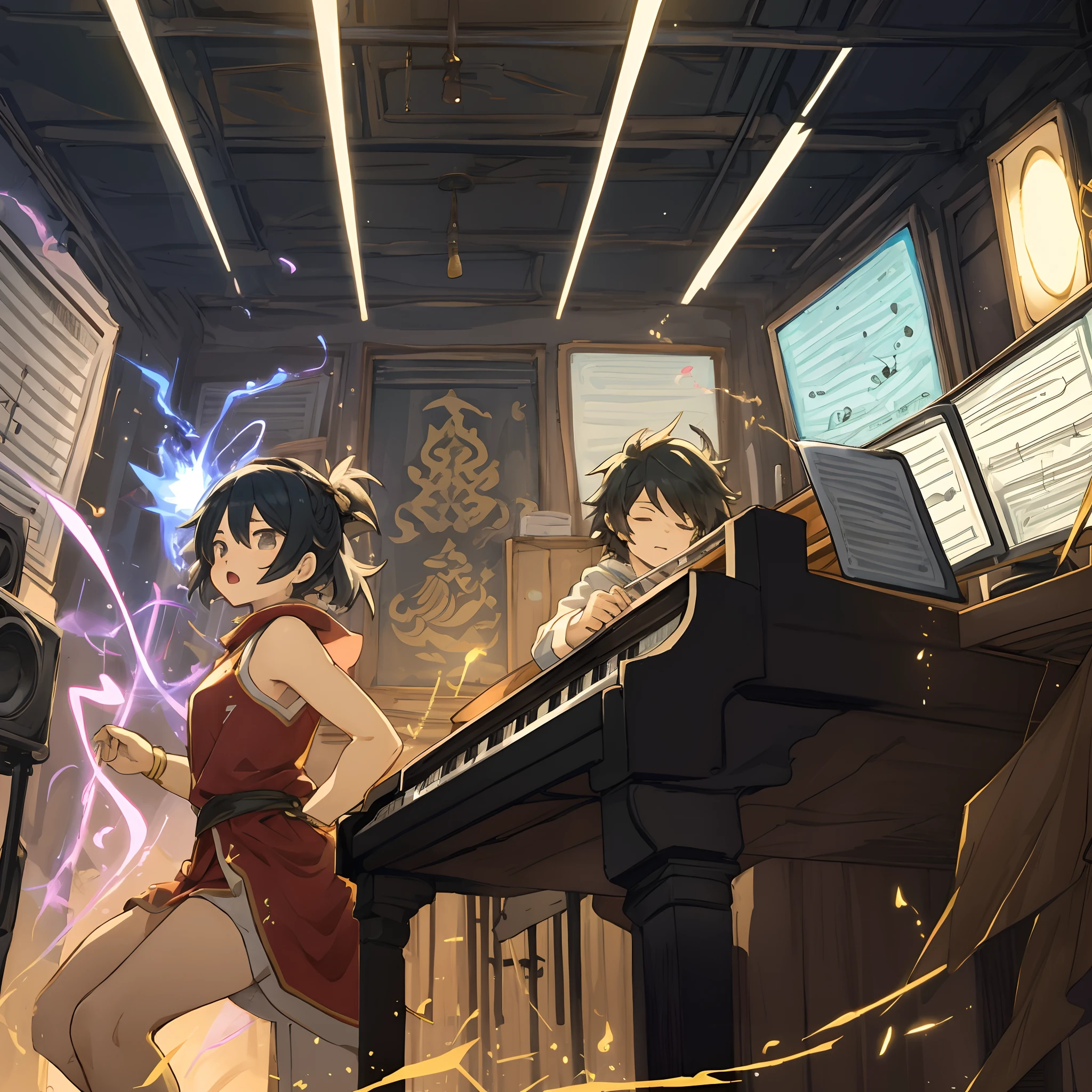 Anime characters playing music in a music studio with a piano - SeaArt AI