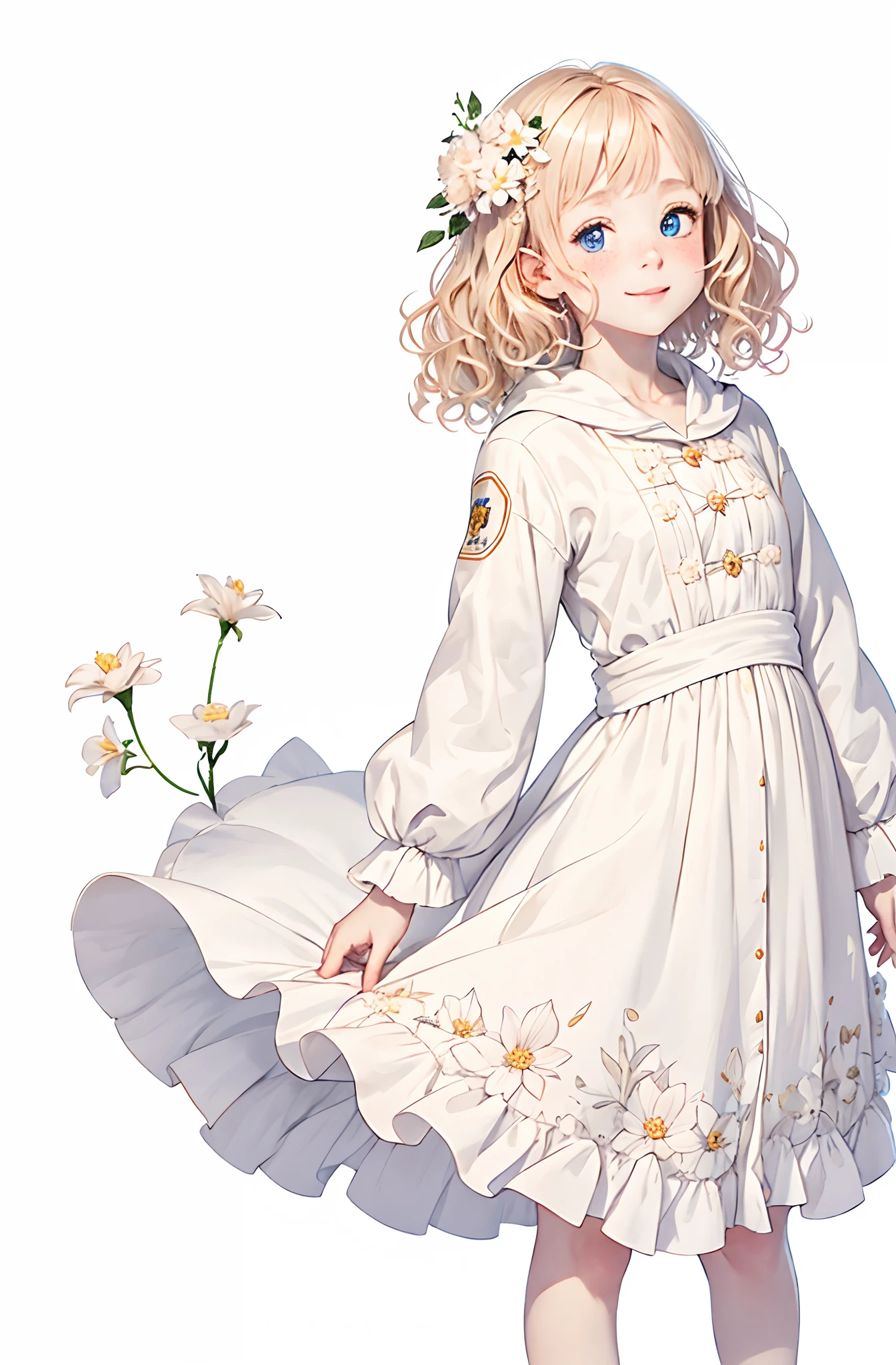 highest quality, pale skin, (face and eyes detail: 1.2), 1 girl, very delicate and beautiful girl, light blond, wavy short hair, blue eyes, snub nose, (slightly childish appearance), ((very beautiful)), (freckles: 0.4), curls, whole body, smile, happy, with white flowers, coat, white background, white world, she is standing, background is white, cute anime girl portraits, anime visual of a cute girl, anime girl in white dress with flowers in hair, crisp clear rpg portrait, watercolor,