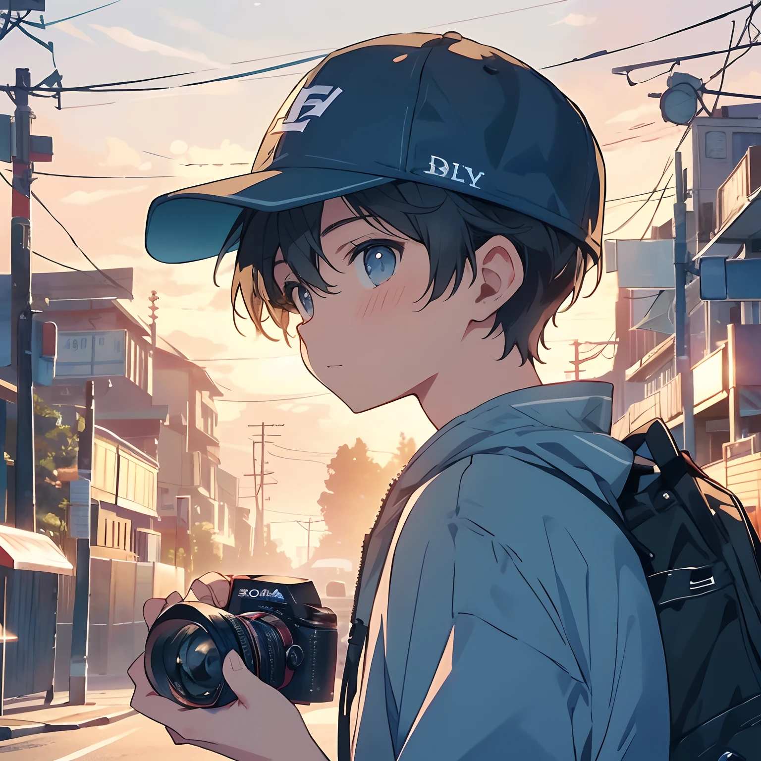 （（（The camera covers the face））），The boy hugged（（sony camera）））The boy wears a baseball cap，The camera covers the face，（（15year old）