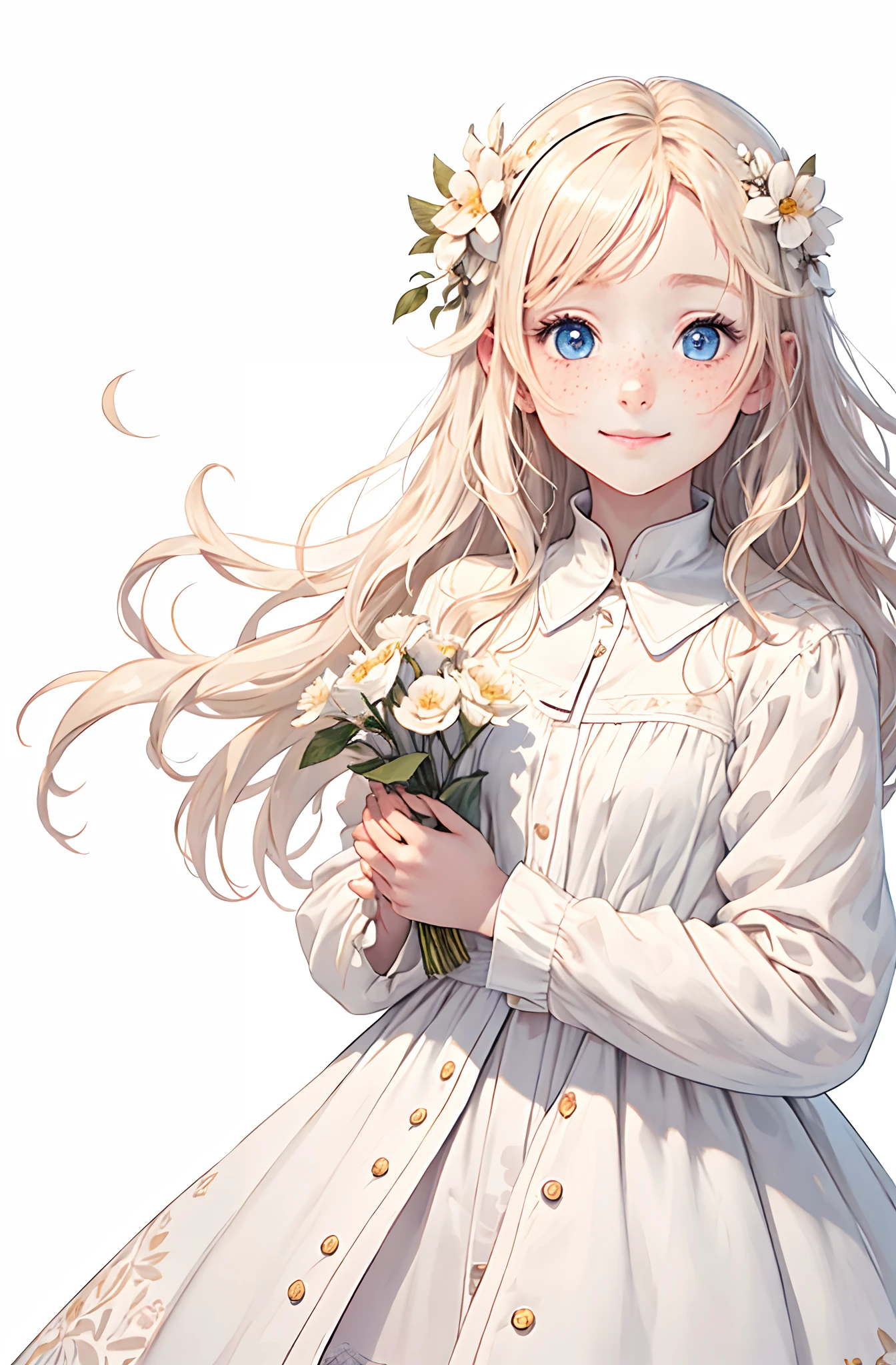 highest quality, pale skin, (face and eyes detail: 1.2), 1 girl, very delicate and beautiful girl, light blond, wavy short hair, blue eyes, snub nose, (slightly childish appearance), ((very beautiful)), (freckles: 0.4), curls, whole body, smile, happy, with white flowers, coat, white background, white world, she is standing, background is white, cute anime girl portraits, anime visual of a cute girl, anime girl in white dress with flowers in hair, crisp clear rpg portrait,