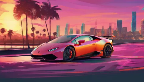 3d , high-quality , artistic ,  graphic art design  of a Lamborghini Huracan sto 2023 , colorful, highly detailed, vector image, realistic masterpiece, , realistic car, amazing vector colour Miami city colourful sunset background with palm trees, colourful...