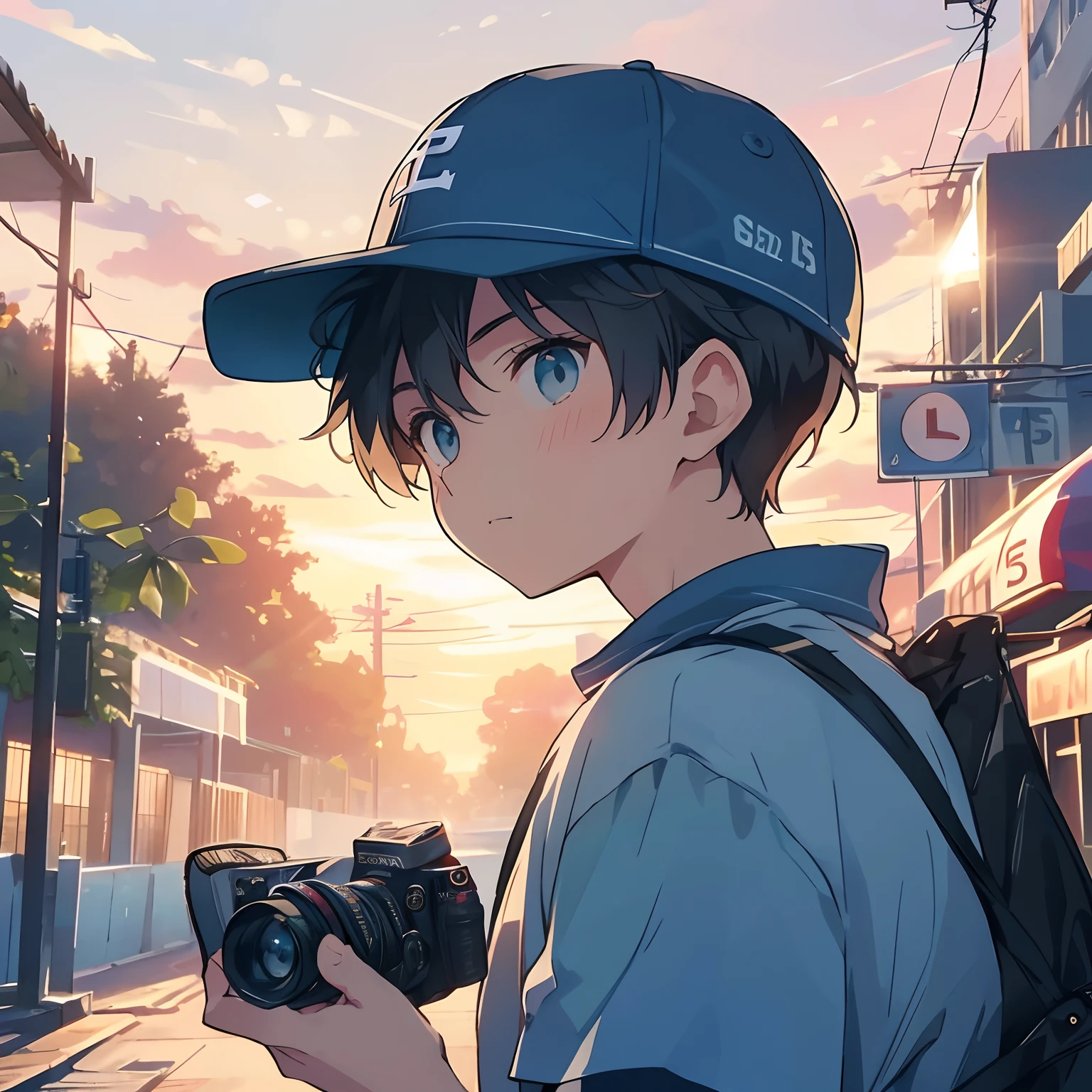 （（（The camera covers the face））），The boy holds（（Sony cameras）））The boy wears a baseball cap，The camera covers the face，（（15year old））