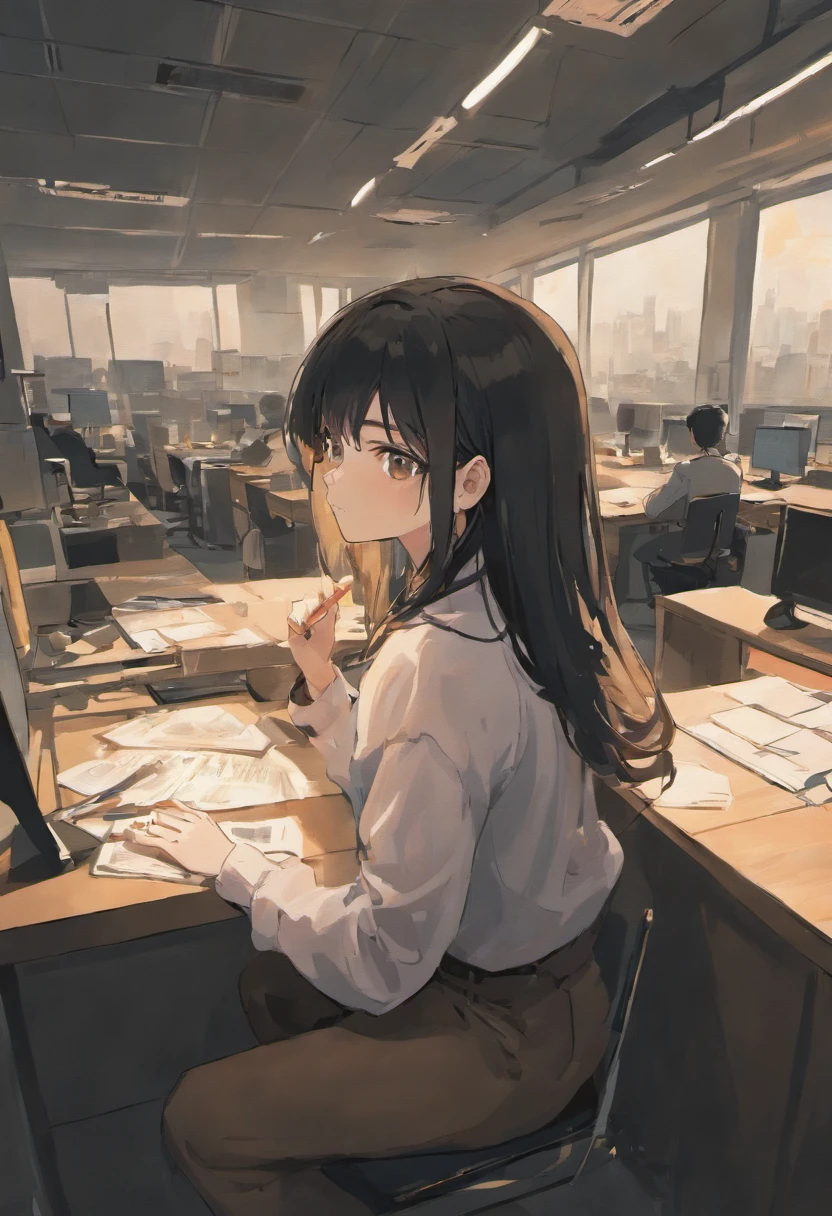 A woman sitting at a desk with a computer and papers - SeaArt AI