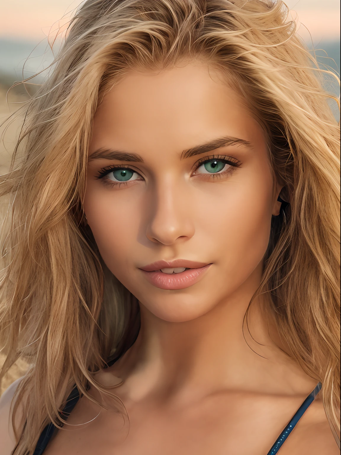 Hailey Olivia Smith, 1 girl 18 years old, Long hair, looking down at viewer, blond hair, green eyes, full entire body, 比基尼, lips, realisti, nose, flirting with the camera, in the beach (4k-Photo:1.1) by (Jeremy Lipking:0.3), (Dittmann Anna:0.3), (Arian Mark:0.3), (keen focus:1.3), high detailed, beautiful detailed face, Beautiful detailed mouth, beautiful detailed eyes, Beautiful, detaillierte nose, hazel eyes, long blond hair, (attractive young woman:1.3), (seductive:1.1), (Smileing:1.1), (flush:1.1), Hourglass Body Shape
