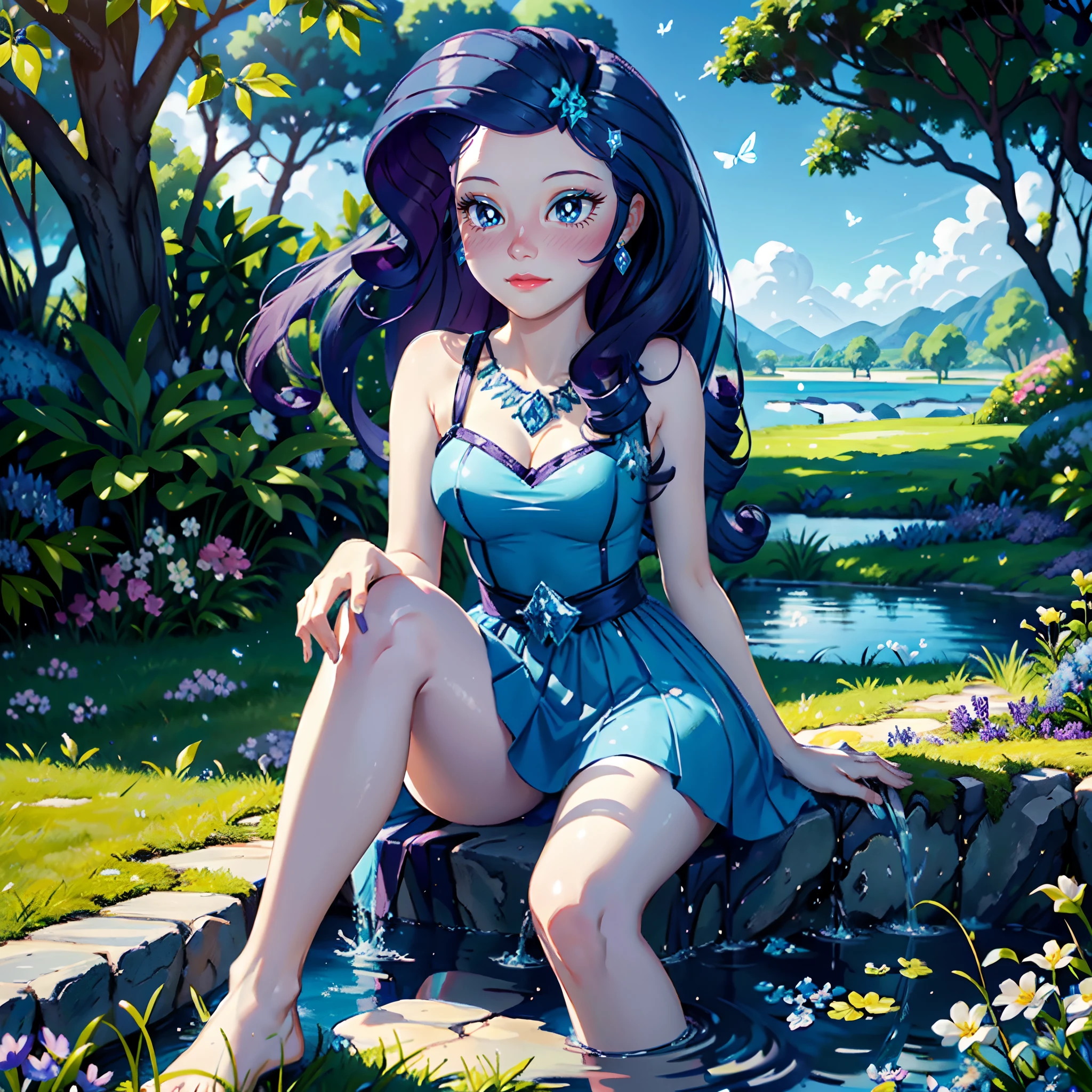 Rarity, rarity from my little pony, rarity in the form of a girl, lushes breast, curvy hips, dark purple curly hair, blue oceanic eyes, barefoot, white and blue royal dress, in a mythical garden, sitting down on grass, waterfall, blue and white flowers everywhere, barefoot, diamonds earrings, soft decent smile lavender flowers, lily pads on the river, day time, anime sky, beautiful glowing white and blue butterflies, flowers everywhere, leaf vines, clear blue sky, bright day, highly detailed lighting, yellow pour light,