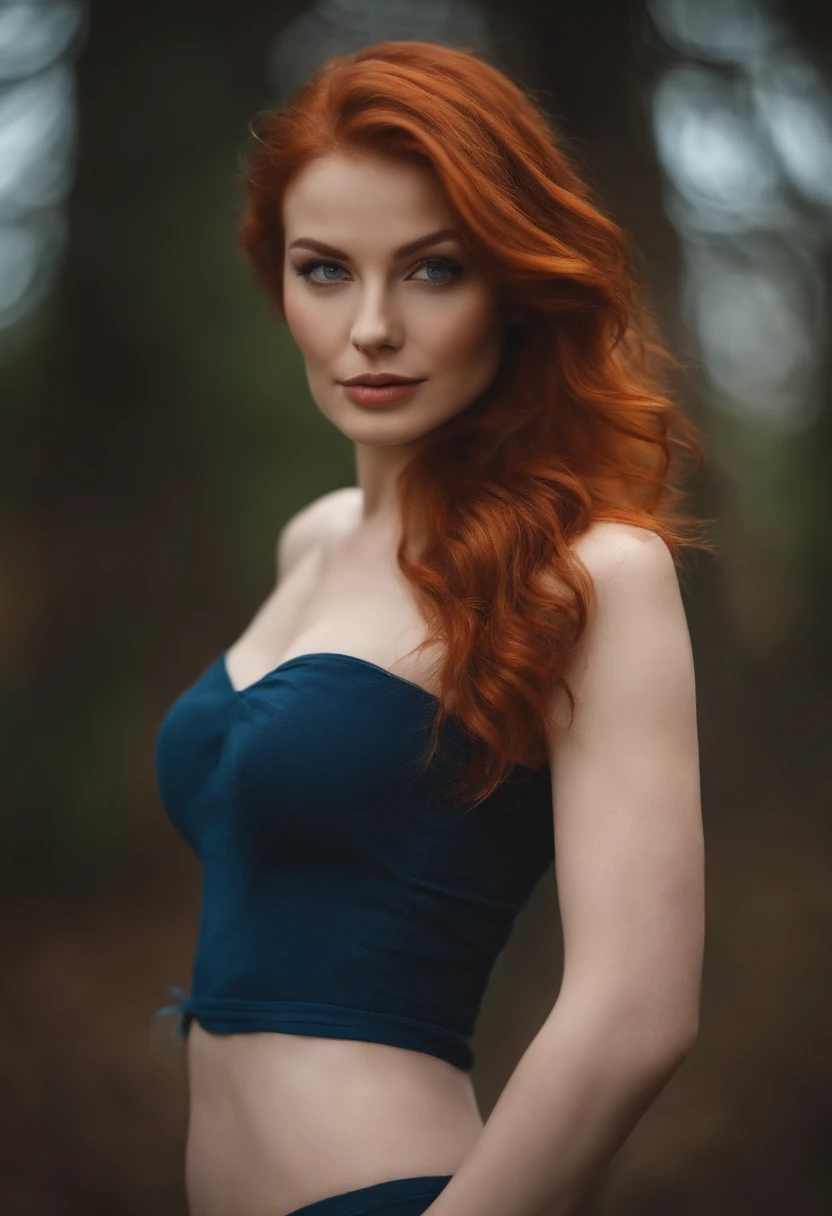 A women with a very thin waist and small breasts, huge ass, short red hair, blue eyes, soft smile