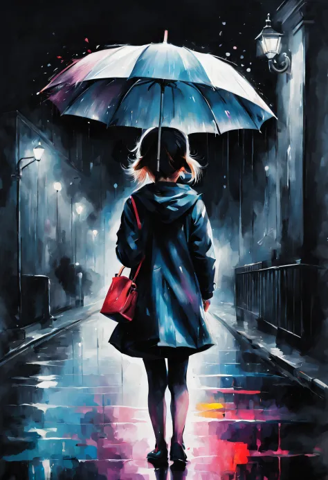 Dark rainy night, little girl with white umbrella, umbrella poster, splashpunk style, paint splash