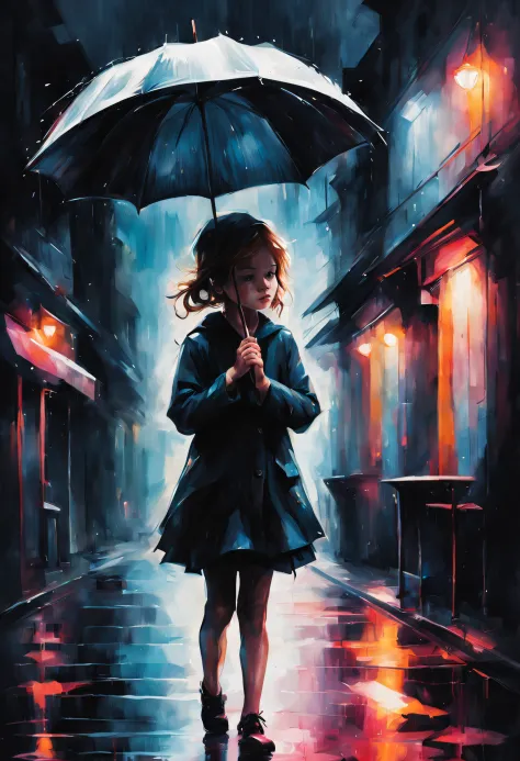 Dark rainy night, little girl with white umbrella, umbrella poster, splashpunk style, paint splash