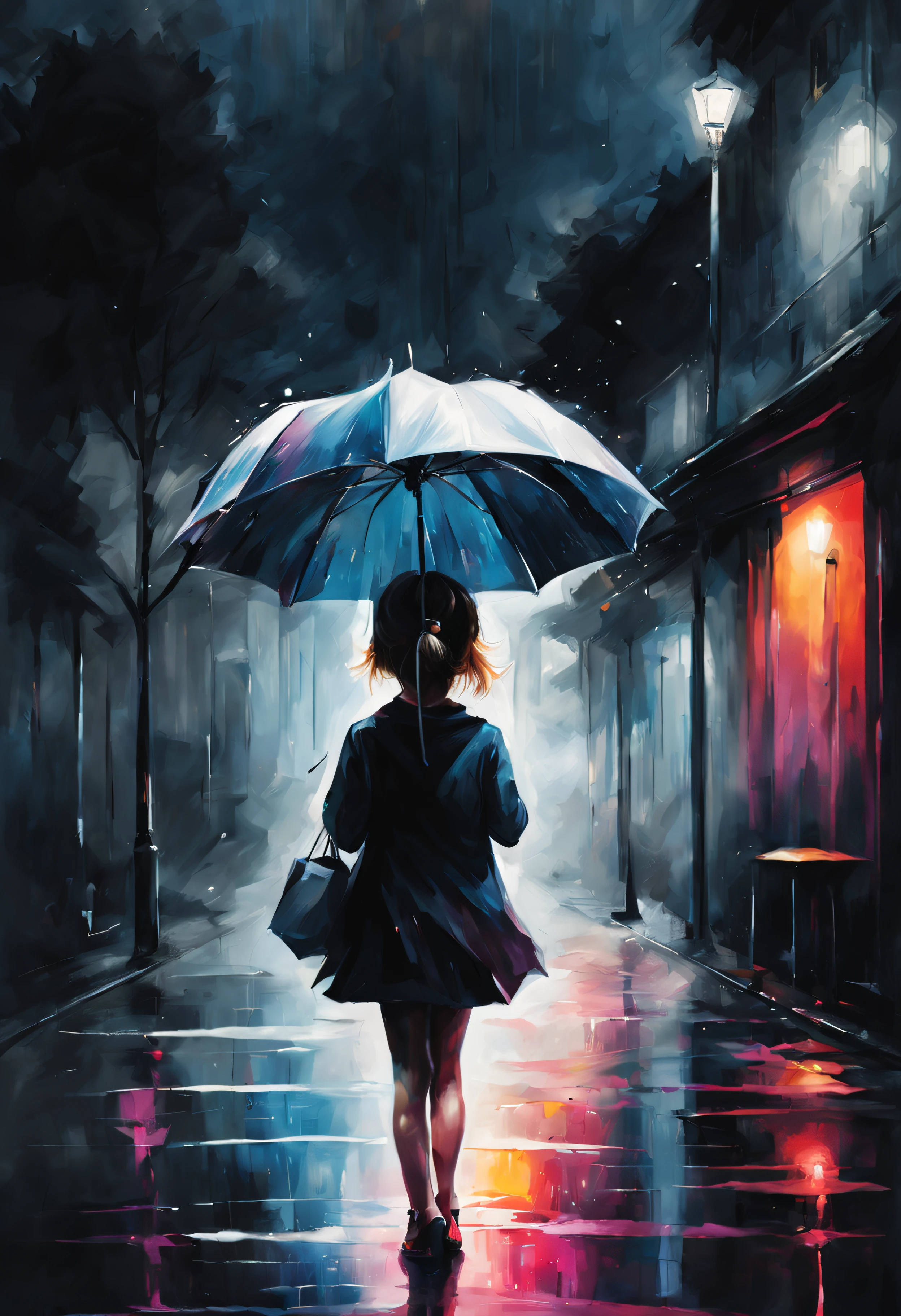 Dark rainy night,  with white umbrella, umbrella poster, splashpunk style, paint splash