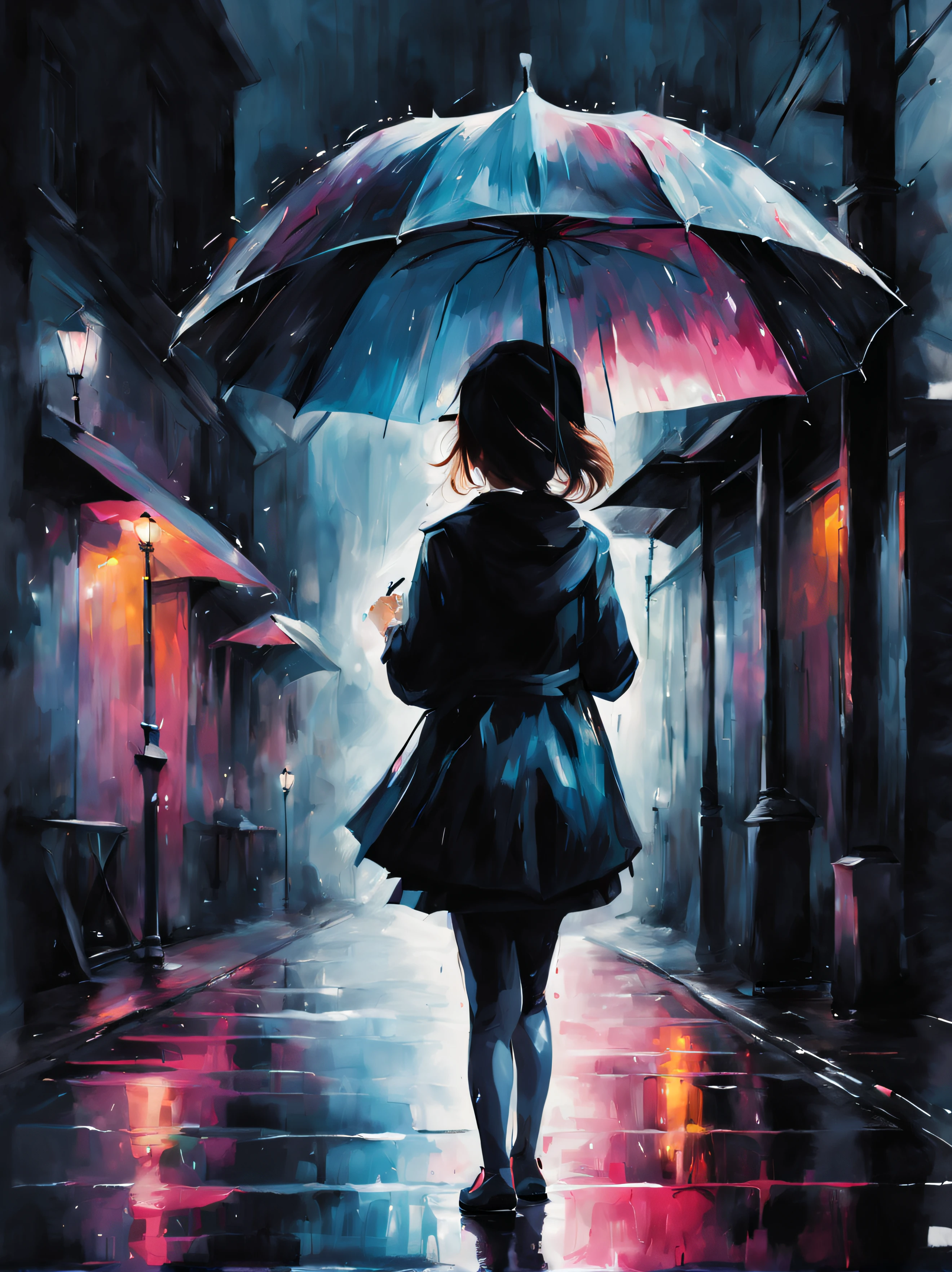 Dark rainy night,  with white umbrella, umbrella poster, splashpunk style, paint splash