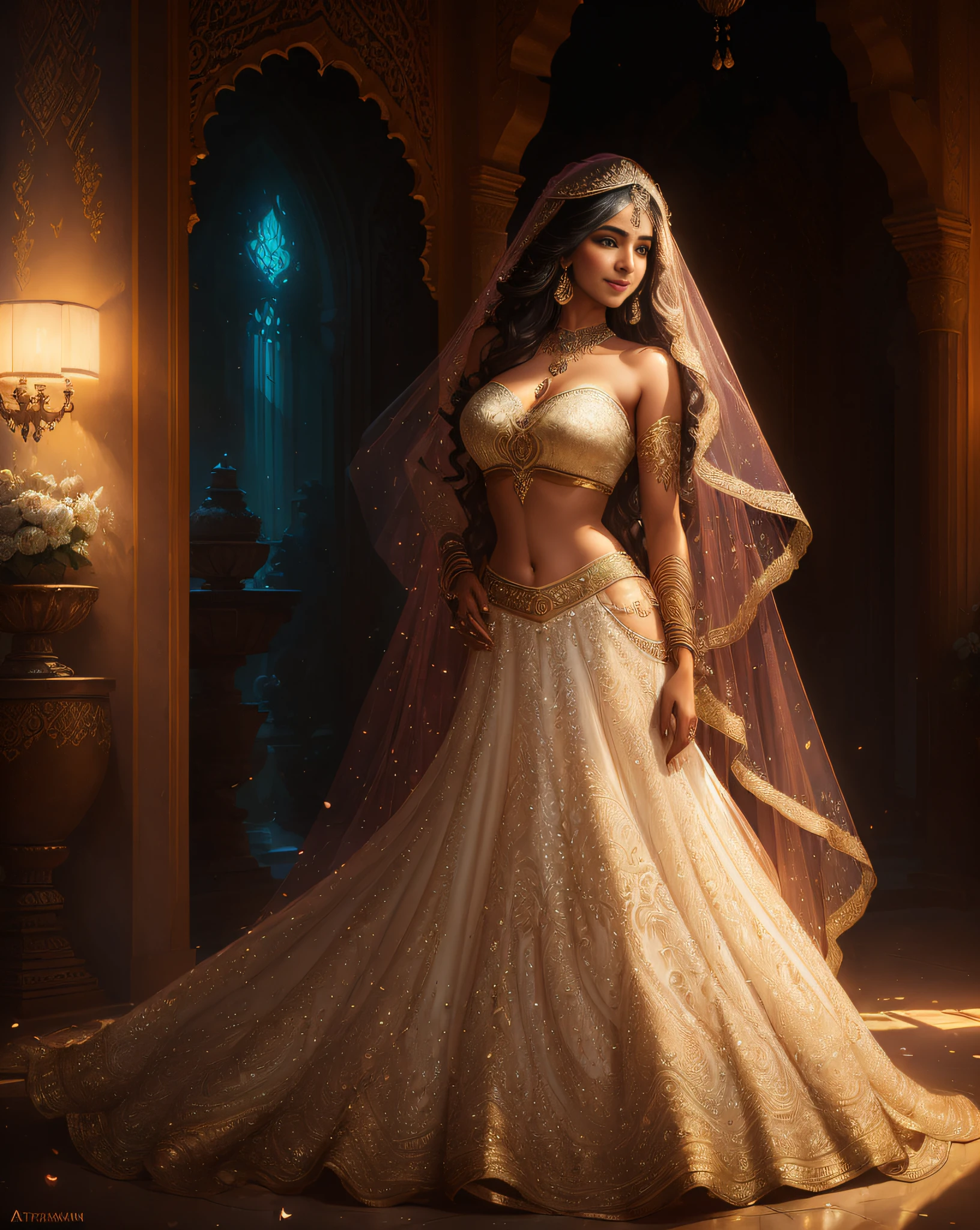 (Obra maestra de la fotografía de fantasía:1.3) de un (Solo Cuerpo Completo:1.3) La deslumbrante y elegante supermodelo con curvas Sonam Bajwa como la novia de fantasía, en una elegante boda en el jardín, vistiendo una lehenga y una blusa mágicas y relucientes, ombligo, tatuajes de henna brillantes, Lujosas decoraciones florales, (ravishing long wavy retroiluminado hair), Tarde encantadora, (intrincados ojos delineados con kohl:1.3), (Sonrisa adorable:1.3) iluminación suave y dramática, Ramos de flores por doquier, retroiluminado, rayos de luz, muy detallado, tendencia en artstation, salpicaduras de pintura, color rico, Retrato de fantasía, por Atey Ghailan & Greg Rutkowski