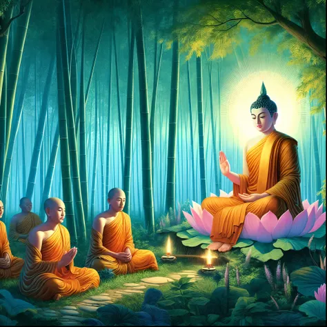 buddha sitting in meditation surrounded by flowers and trees, buddhism ...